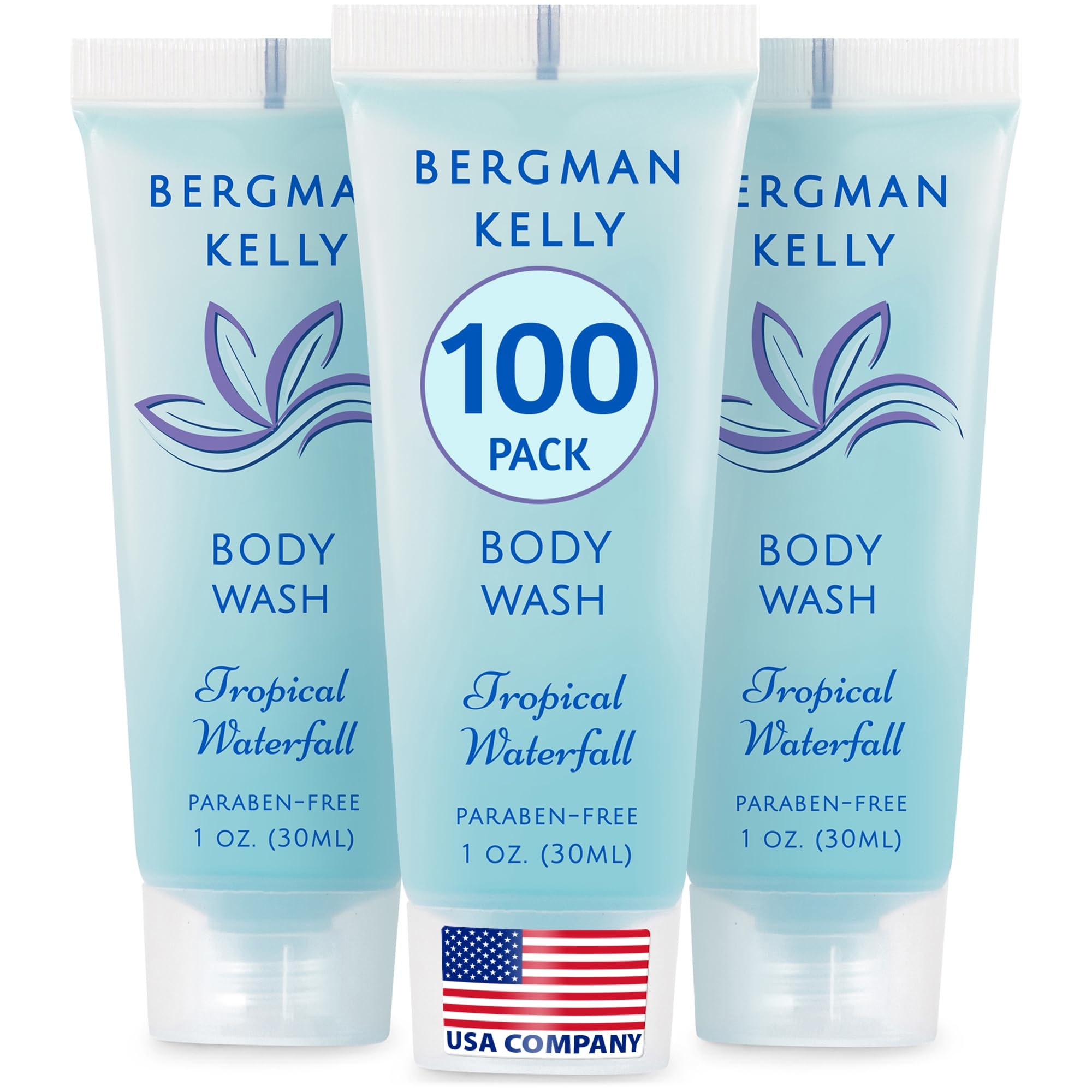 BERGMAN KELLY Travel Size Body Wash (1 fl oz, 100 PK, Tropical Waterfall), Delight Your Guests with an Invigorating and Refreshing Hotel Body Wash, Mini and Small Size Guest Hotel Toiletries in Bulk