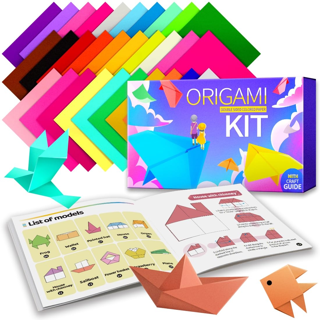Praisebank Origami Pack, 220pcs 17 Colors, 6x6 inch, Double Sided, Includes Guide