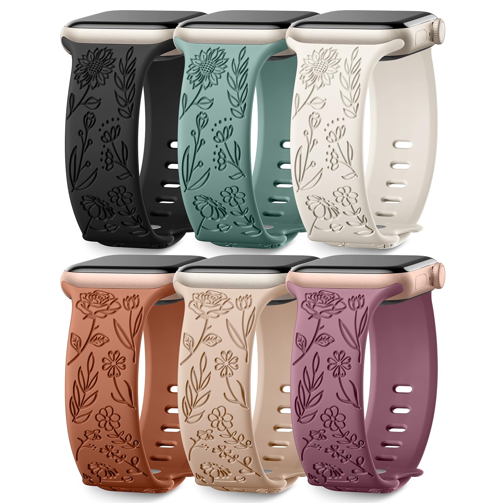 SNBLK 6 Pack Floral Engraved Bands Compatible with Apple Watch Bands for Women & Men, Soft Silicone Cute Flower Pattern Sport Strap for iWatch Series 1-10, Ultra, SE