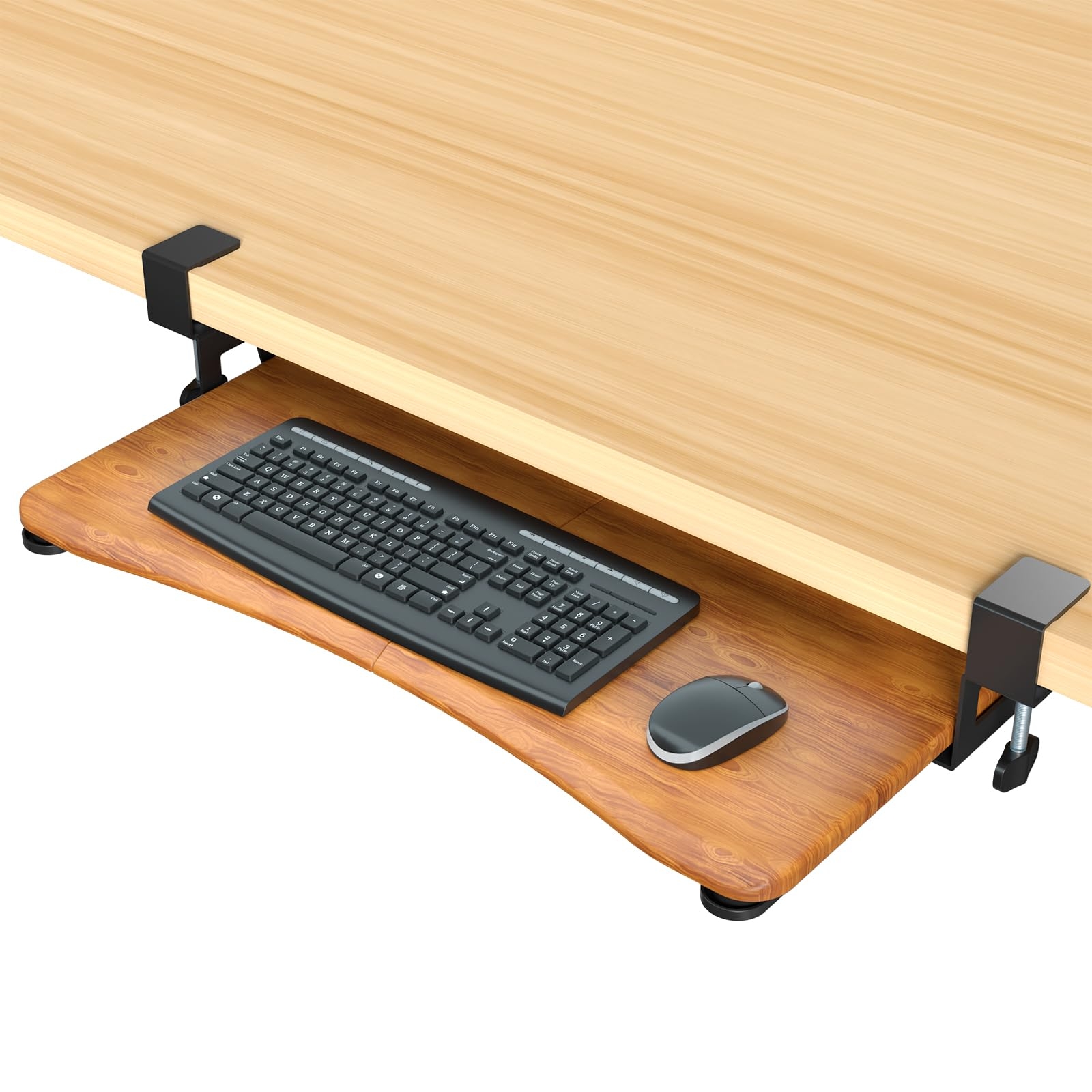 suptek Keyboard Tray Under Desk Pull Out with C Clamp Mount, Computer Keyboard & Mouse Tray, 25.6 (30 Including Clamps) x 11.8 inch Slide-Out Platform Computer Drawer for Typing, Dark Wood, DSF1SM