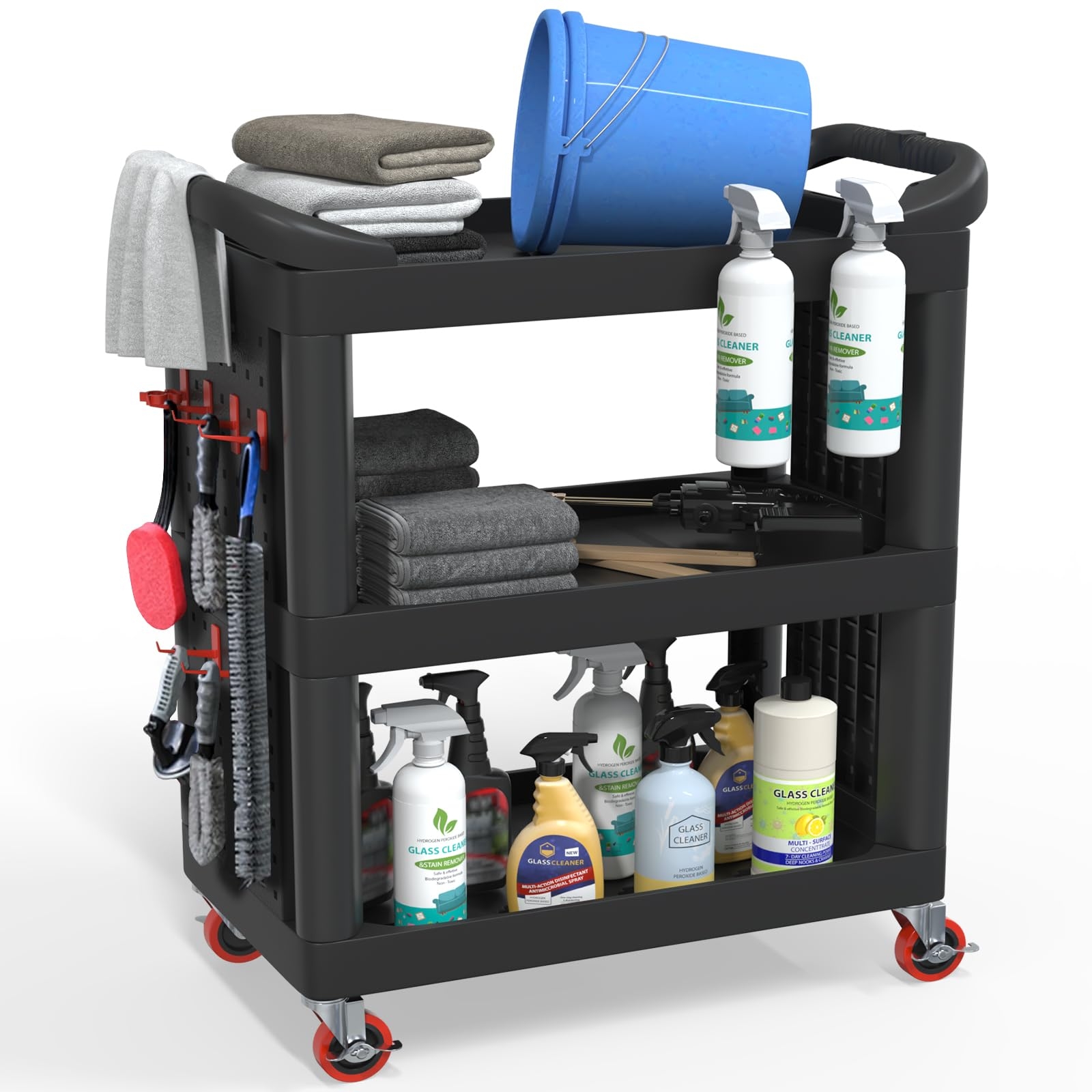 Wanmwill 3 Tier Car Detailing Cart, Auto Detail Cart with Wheels, Car Wash Detail Trolley with Side Hanging Plate & Hooks, Detailing Tool Organizer Cart for Mechanics & Detailers（Black）