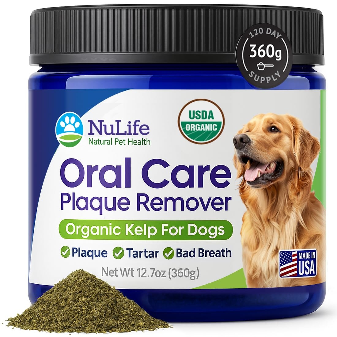 NuLife Natural Pet Health Dog Teeth Cleaning Powder, Dog Plaque and Tartar Remover, Bad Breath Treatment for Dogs with USDA Organic Sea Kelp Powder, Dog Dental Care Made Easy, for All Ages, 12 oz