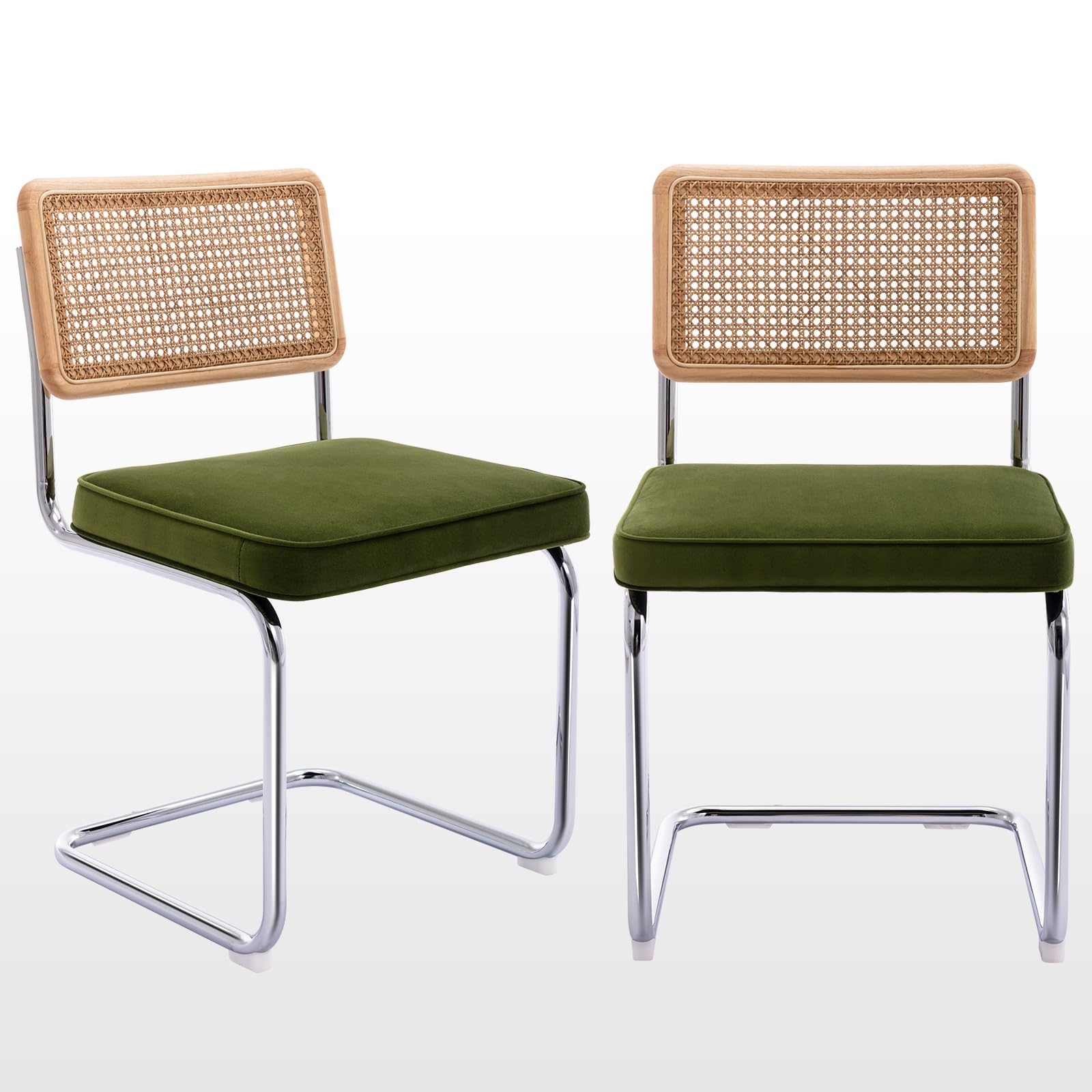 Zesthouse Natural Rattan Dining Chairs Set of 2, Modern Boho Kitchen Chairs with Solid Wood Back & Chrome Base, Mid Century Breuer Design Inspired, Upholstered Velvet Fabric, Green