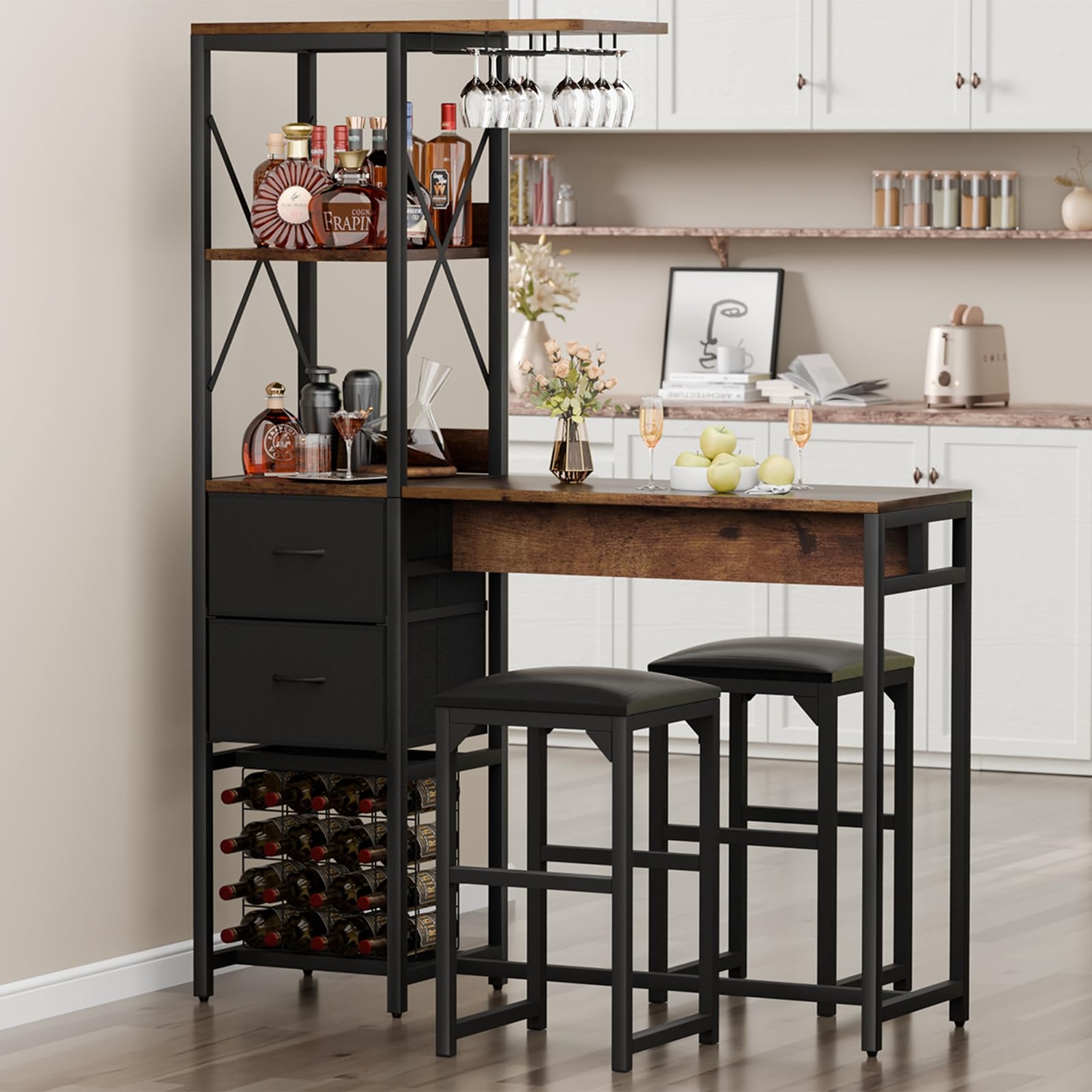 6-Tier Bar Table and Chairs Set, Metal Coffee Bar with Storage Shelves And 2 fabric Drawers, Dining Table Cup Holder & Wine Rack, Kitchen Table Set with PU Leather Cushion Stools for Small Space