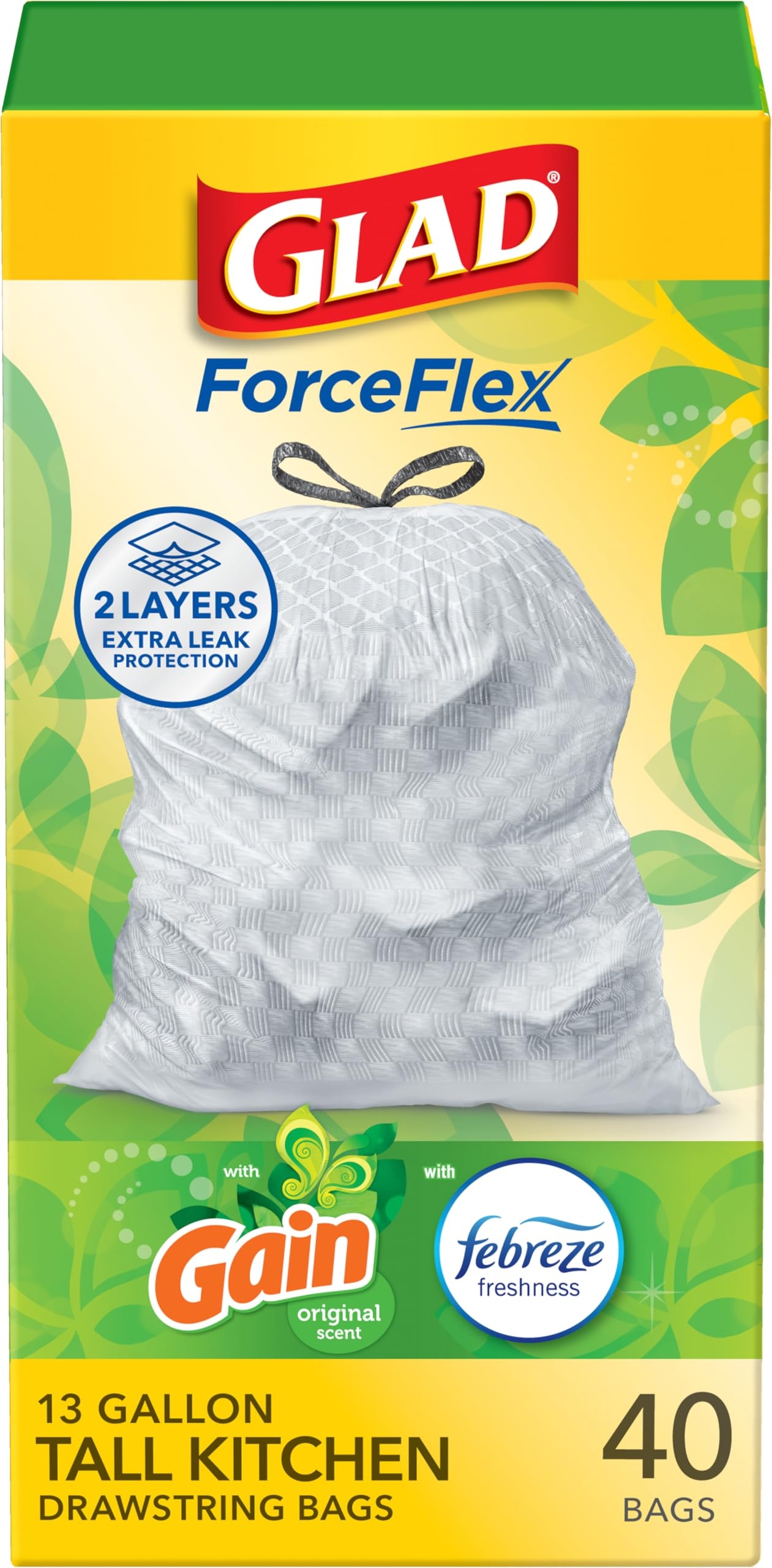 Glad Tall Kitchen Trash Bags 13 Gallon, Gain Original Garbage Bags, Odorshield with Drawstring, 40 Count