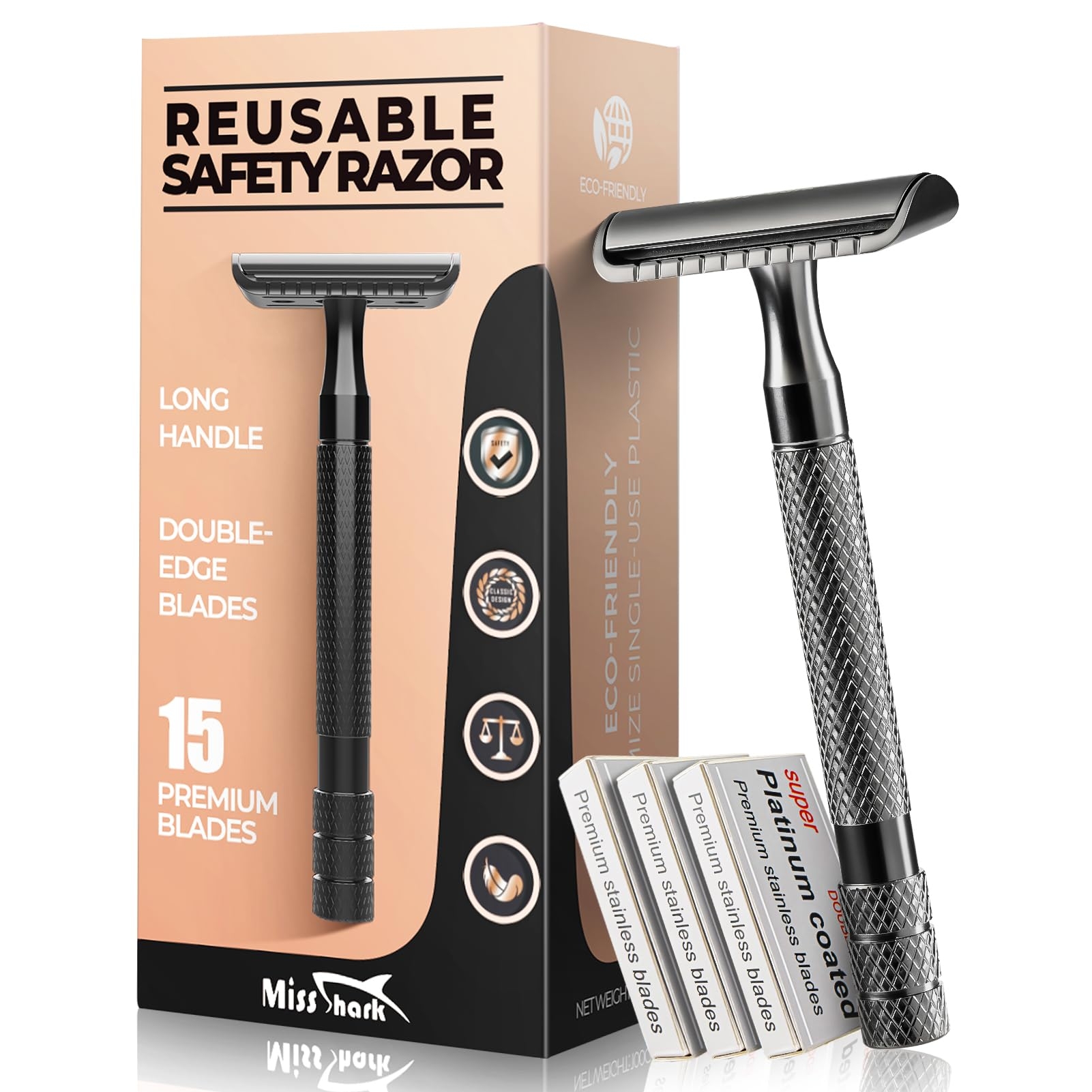 Safety Razor for Men with 15 Stainless Steel Double Edge Blades, Long Handle Men’s Single Razors for Shaving, Imported Upgraded Blades Reduce Irritation, Black
