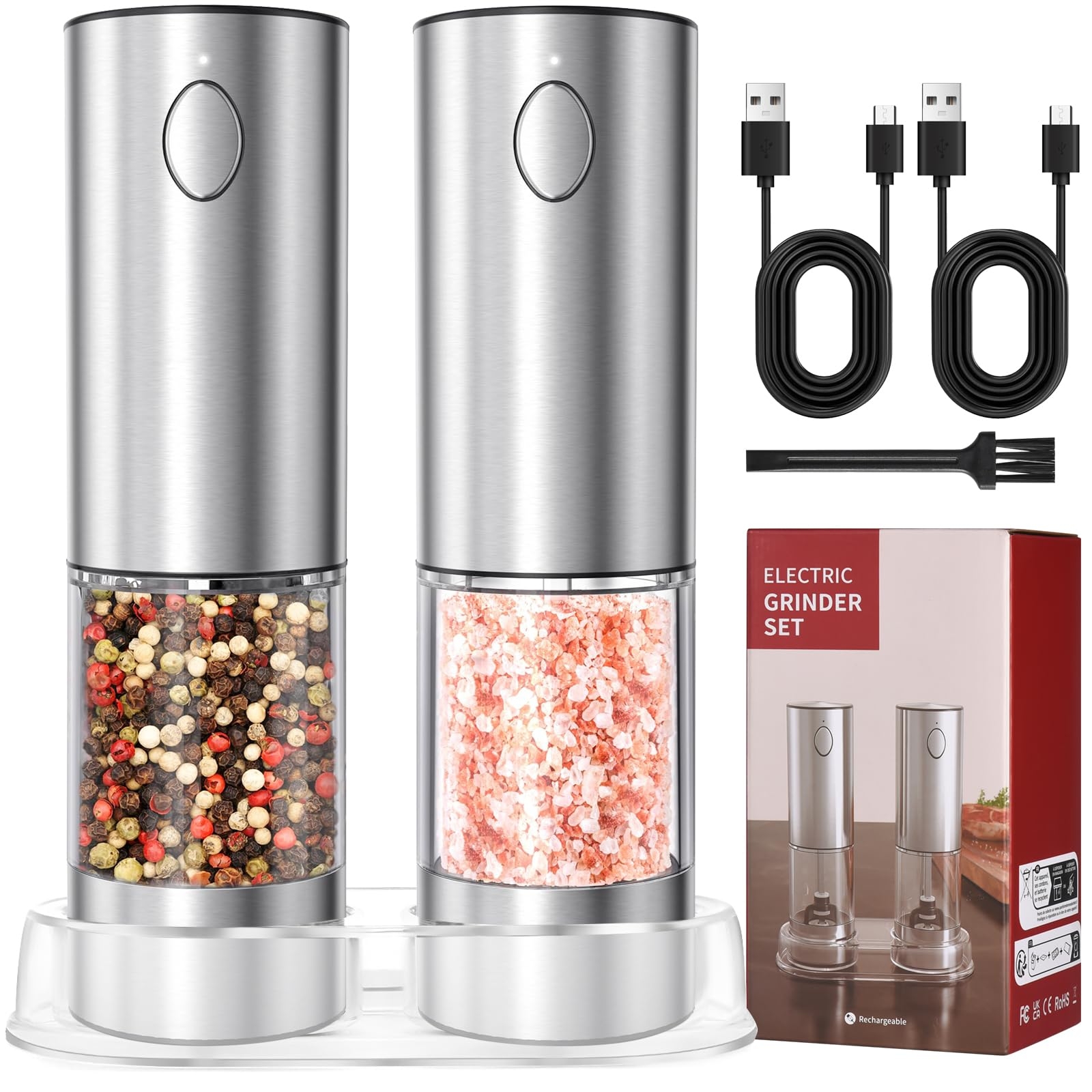 [Upgraded Larger Capacity] Rechargeable Electric Salt and Pepper Grinder Set with Storage Base,Stainless Steel Pepper Mills with LED Lights & Adjustable Coarseness One-Hand Operation, Silver (2 Pack)