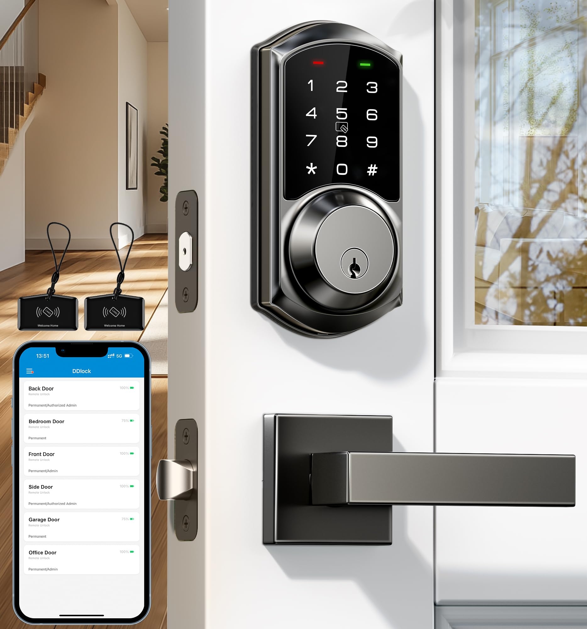 Veise VE06-L Smart Locks with 2 Lever Handle Set, App Control, Keyless Entry Deadbolt for Front Door, Electronic Digital Touchscreen Keypad, Auto Lock, Waterproof, Easy Installation, Matte Black