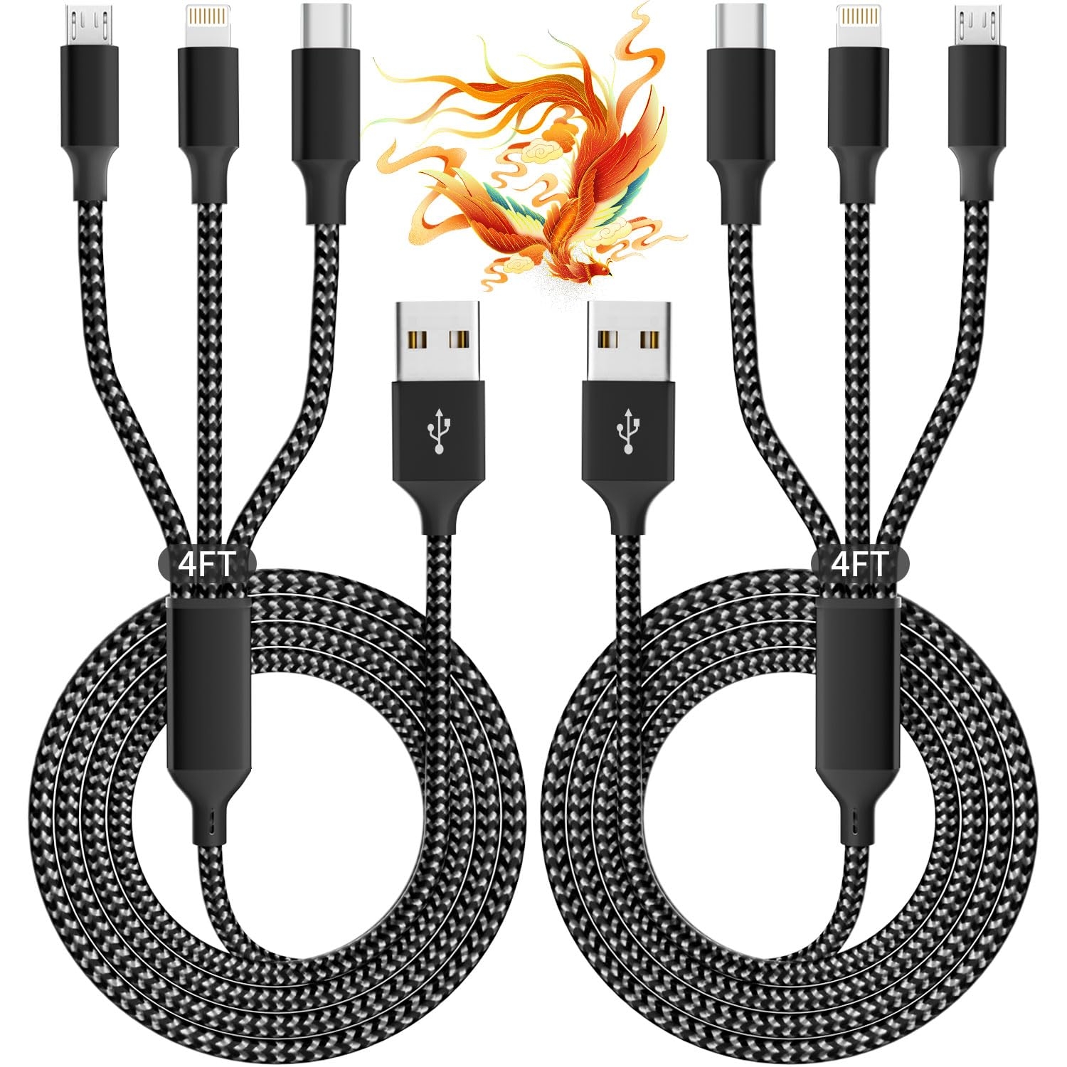 IDISON Multi Charging Cable(2Pack 4FT), 3 in 1 USB Charging Cable for Multiple Devices, Braided Universal Phone Charger Cord with Type-C, Micro USB, IP Port for iPhone16/15/14/Android Phones and More