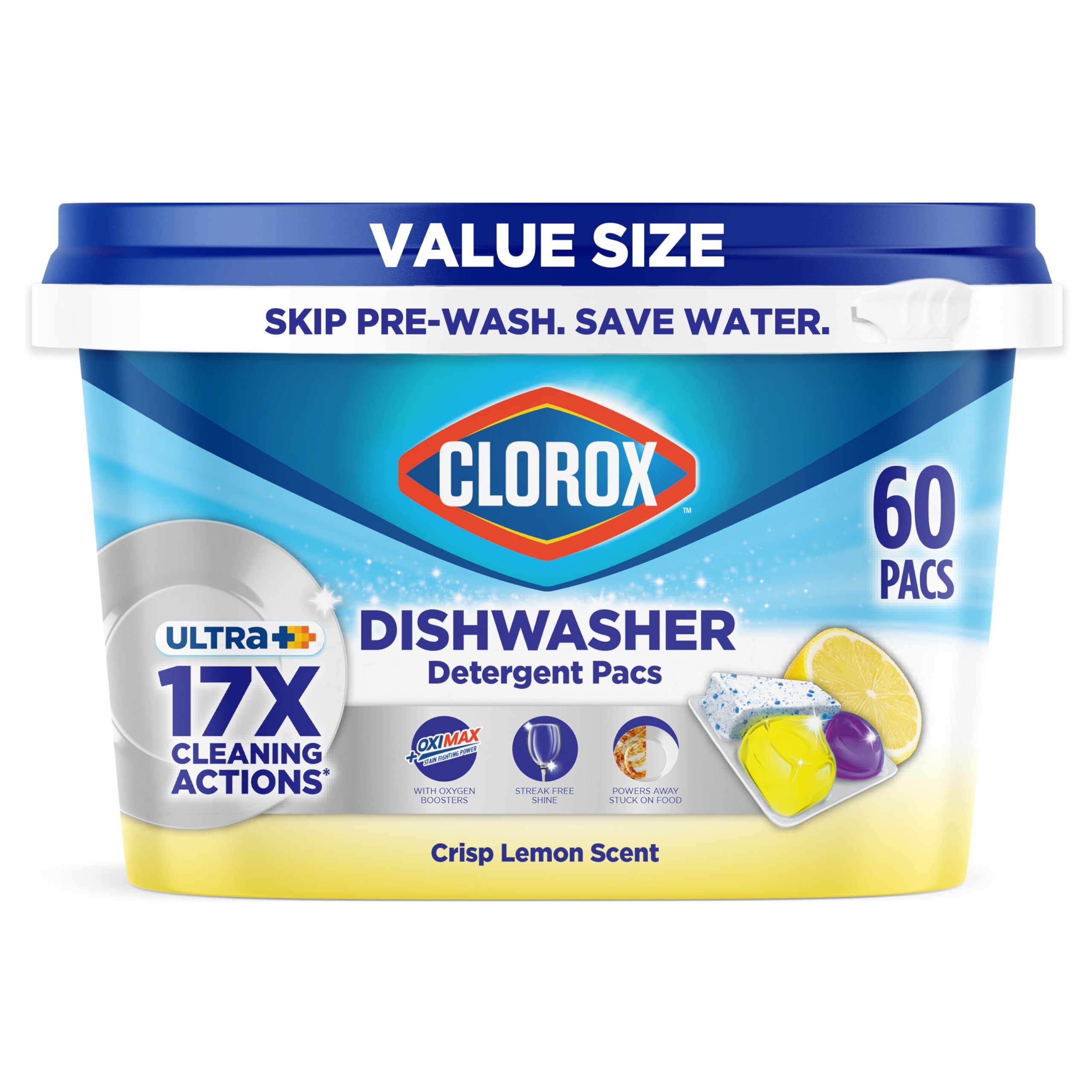 Clorox Ultra+ Dishwasher Detergent Pacs, 60 Count, Stain Fighting, No Prewash Needed, Removes Burnt-on Food, Crisp Lemon Scent Pods - Packaging May Vary