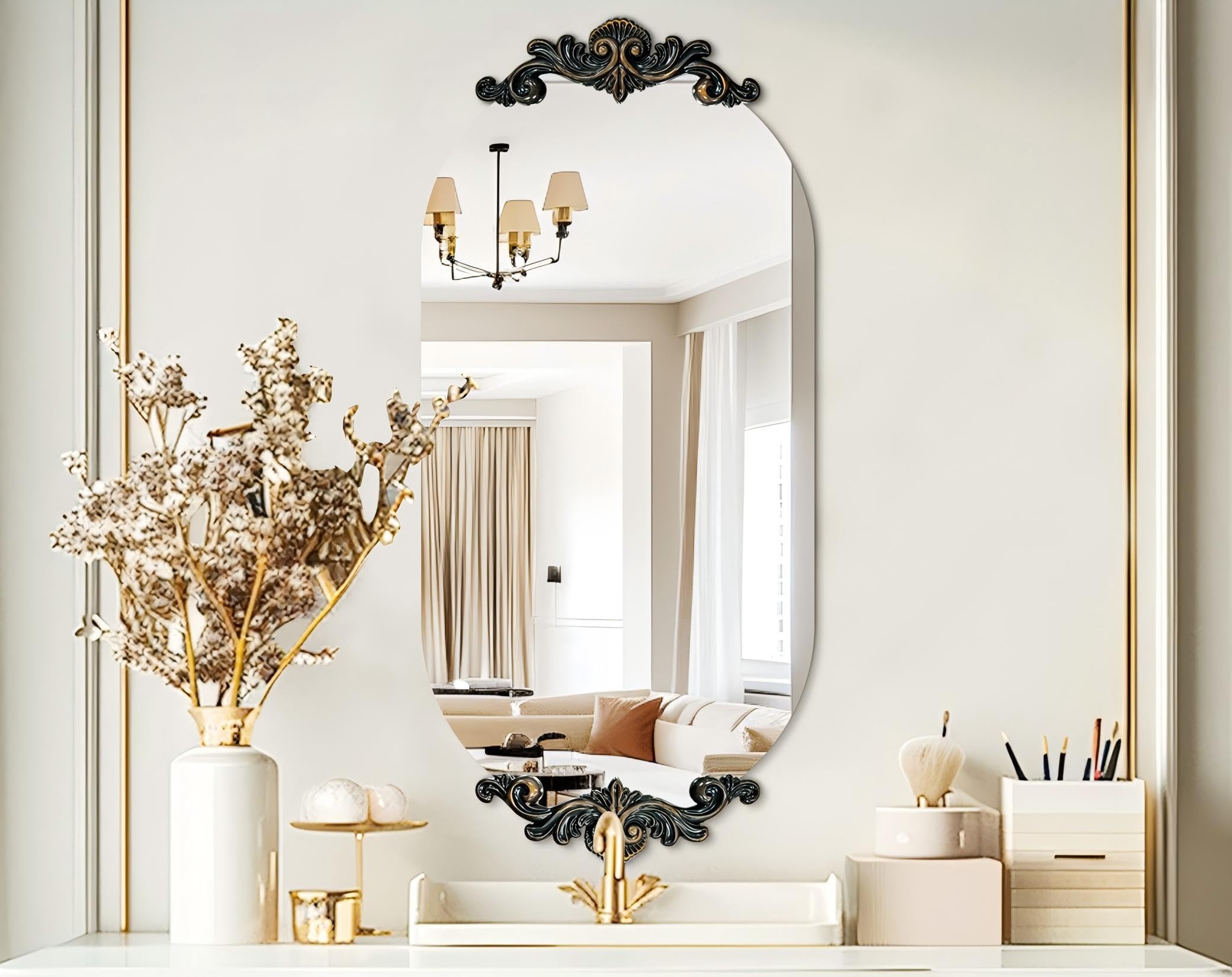 Artloge Frameless Mirror Oblong Oval: 40x20inches Wall Mounted Sleek Silver Mirror with Baroque Style Flower Frame Edge Decorative Vanity for Bathroom Bedroom Livingroom Entryway Hallway
