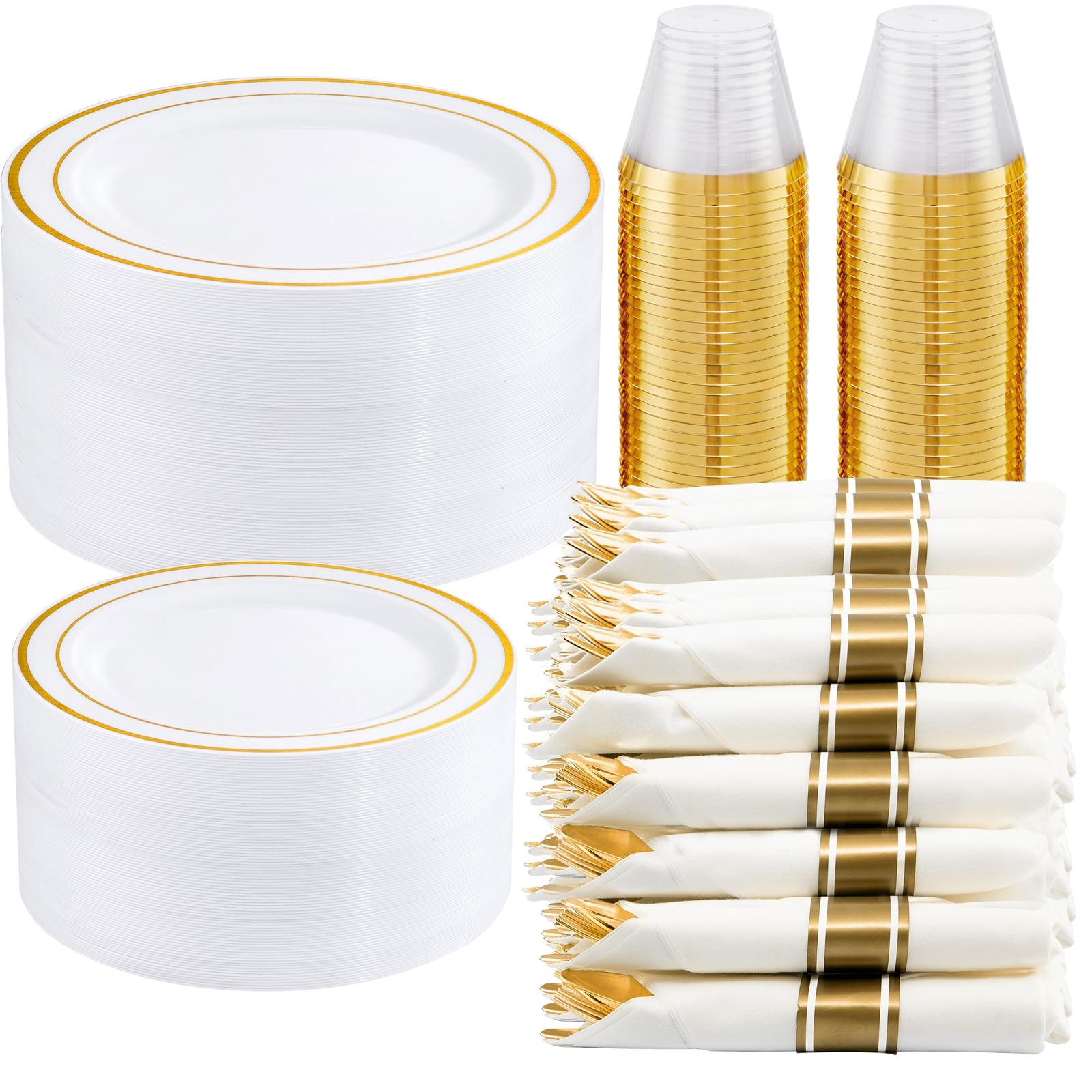 WELLIFE 350-Piece Gold Disposable Plates and Cutlery Set - Premium 10.25" Dinner Plates, 7.5" Dessert Plates, 9oz Cups & Cutlery for Weddings, Catering Events - 50 Guest Service - Elegant & Sturdy
