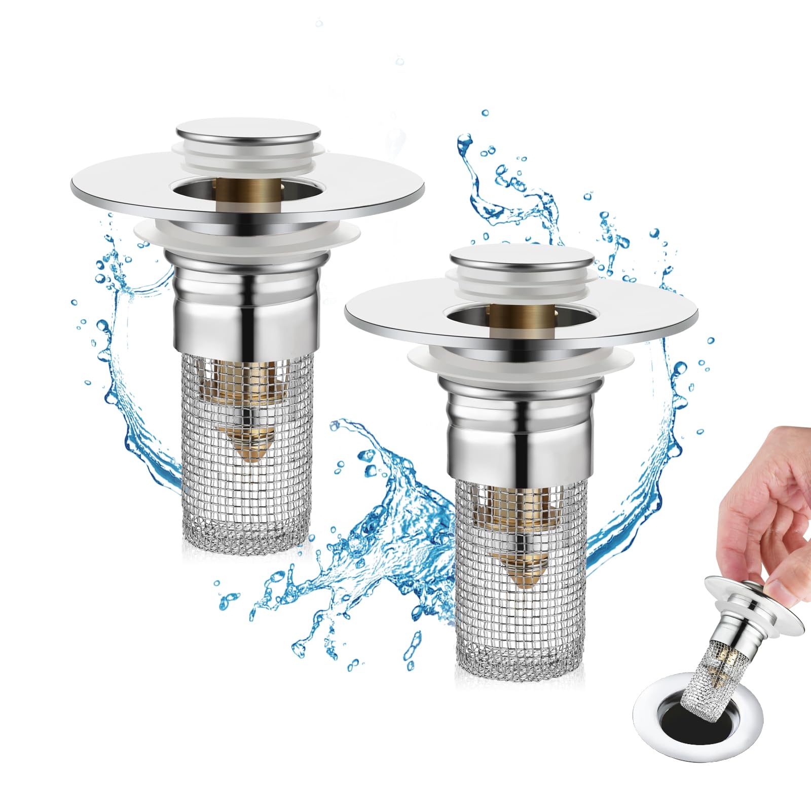 Nevellir 2 Pack Bathroom Sink Stopper for 1.06-1.50in, Universal Drain Filter with Hair Strainer, Universal Bathroom Sink Drain Pop Up Stopper for US Stainless Steel Floor Drain Filter
