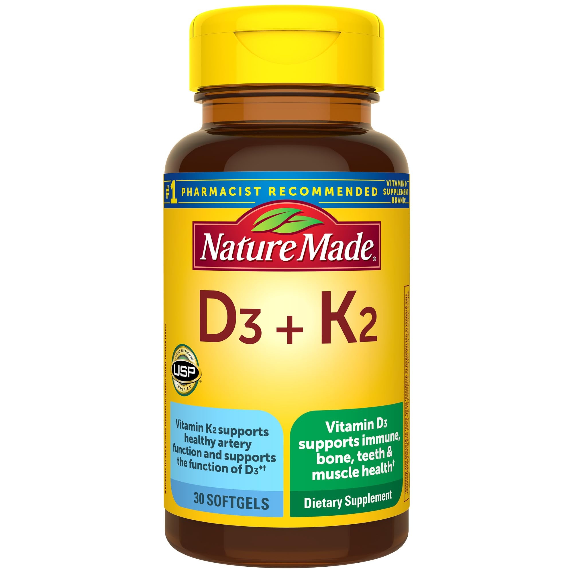 Nature Made Vitamin D3 K2, 5000 IU (125 mcg) Vitamin D, Dietary Supplement for Bone, Teeth, Muscle and Immune Health Support, 30 Softgels, 30 Day Supply