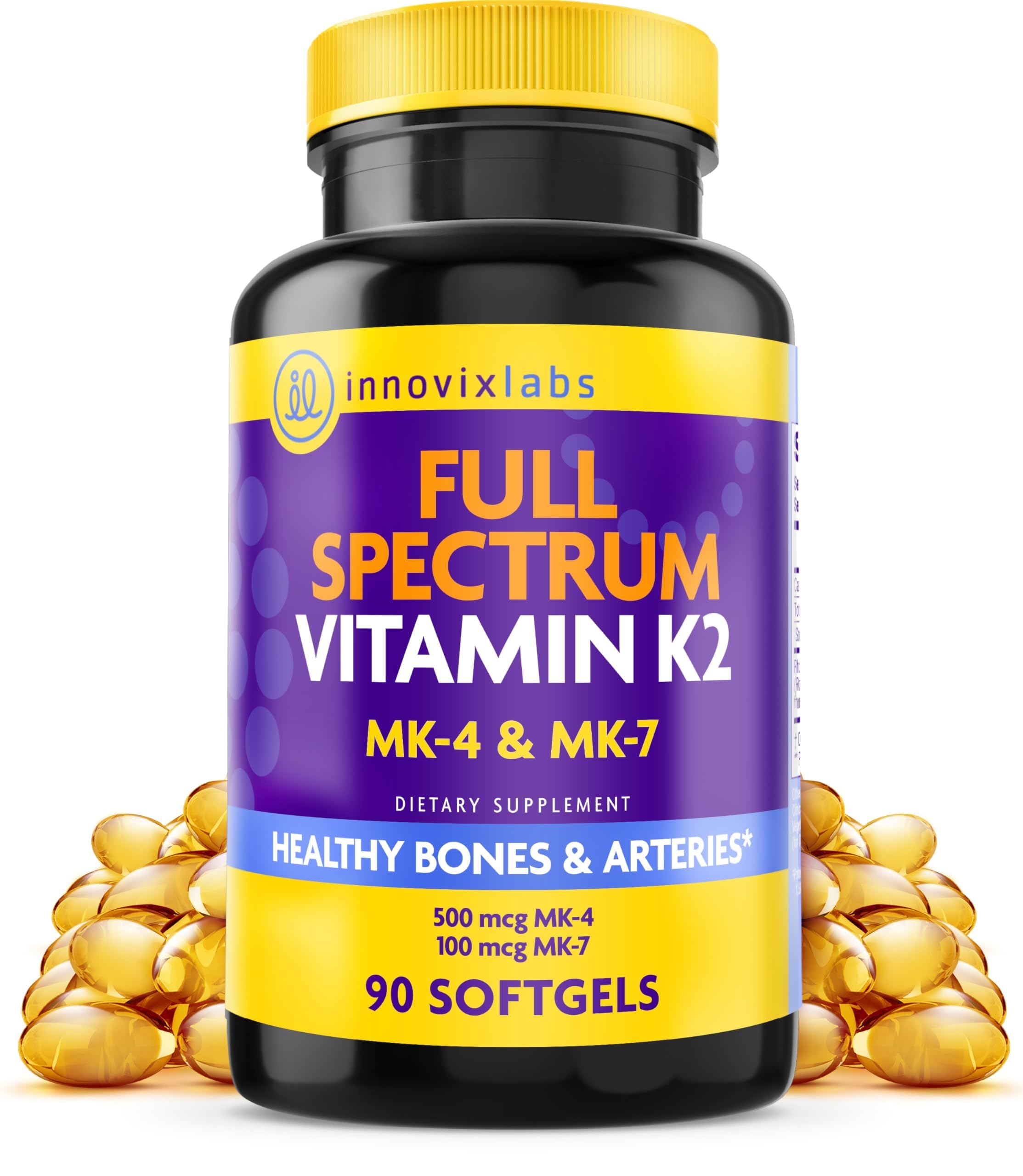 InnovixLabs Full Spectrum Vitamin K2-90 Softgels with 600 mcg of Trans Form MK7 and MK4 - Supports General Health and Bone Strength - Soy and Gluten Free K2 Vitamin Supplement