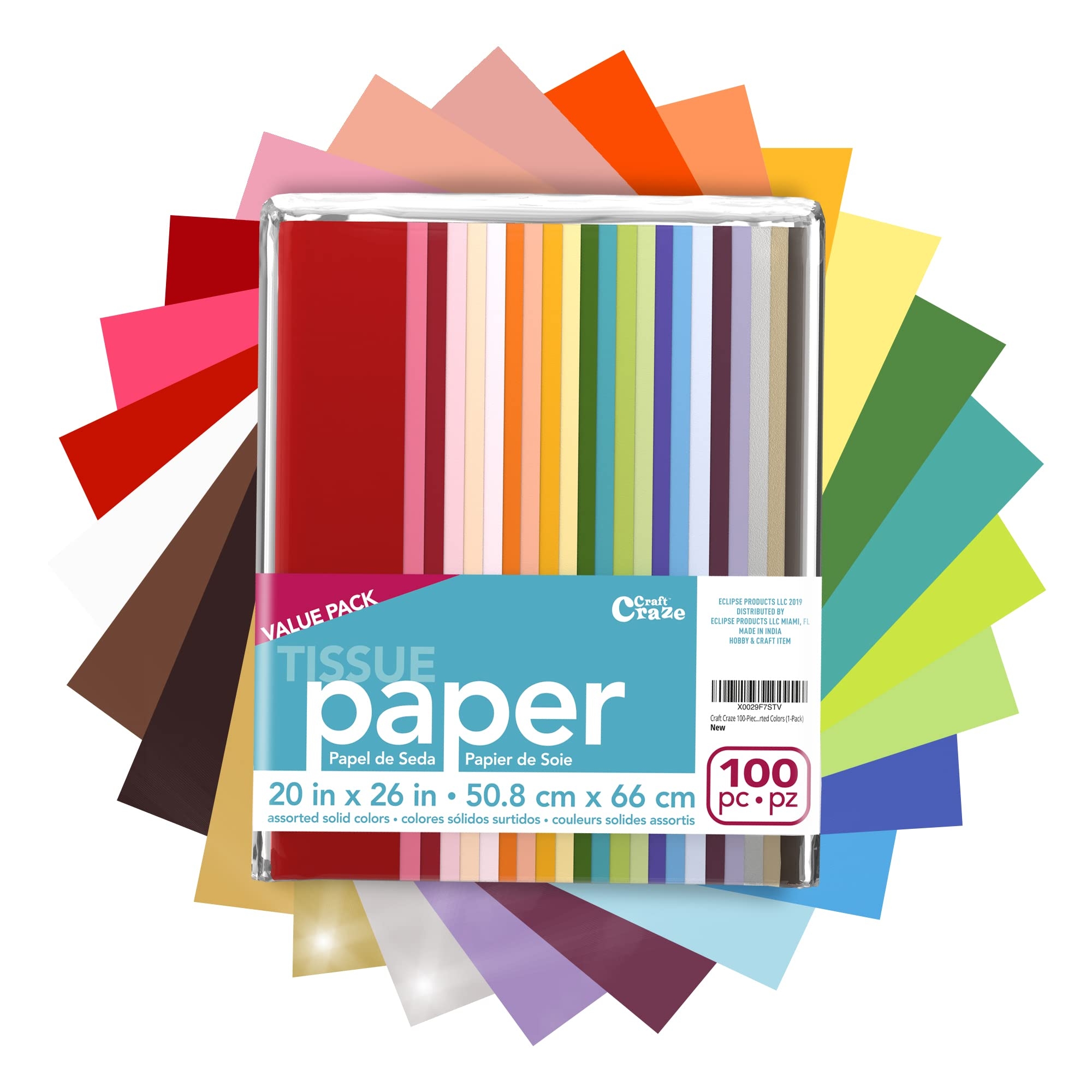 Craft Craze 100 Sheets (20" x 26") 25 Assorted Colors Premium Quality Tissue Paper for Gift Wrapping, Arts & Crafts, Packing and Decorations (1-Pack)
