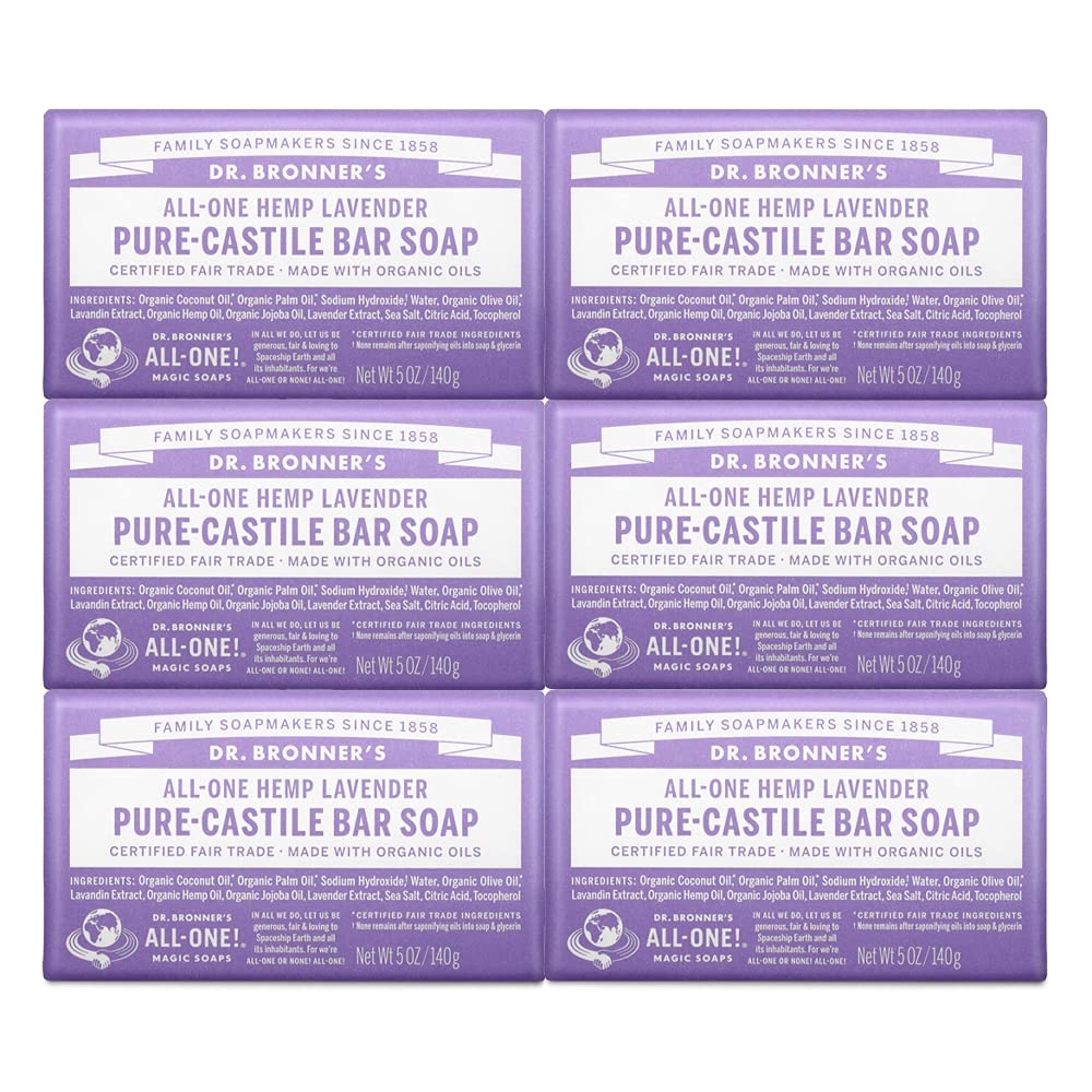 Dr. Bronner's - Pure-Castile Bar Soap (Lavender, 5 ounce, 6-Pack) - Made with Organic Oils, For Face, Body and Hair, Gentle and Moisturizing, Biodegradable, Vegan, Cruelty-free, Non-GMO