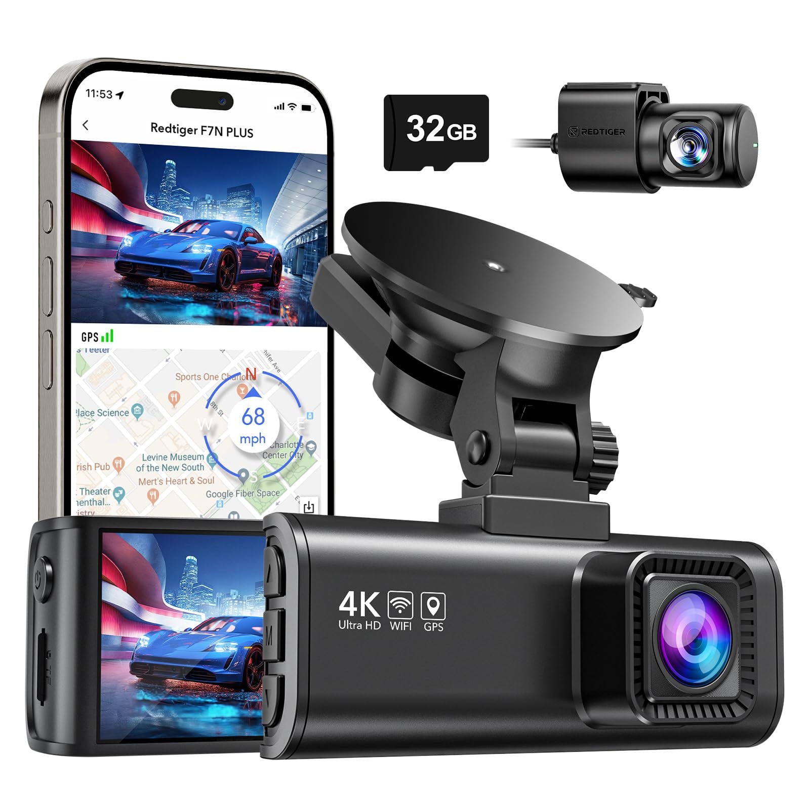 REDTIGER Dash Cam Front Rear, 4K/2.5K Full HD Dash Camera for Cars, Included 32GB Card, Built-in Wi-Fi GPS, APP Control, IPS Screen, Night Vision, Wide Angle, WDR, 24H Parking Mode(F7NP)
