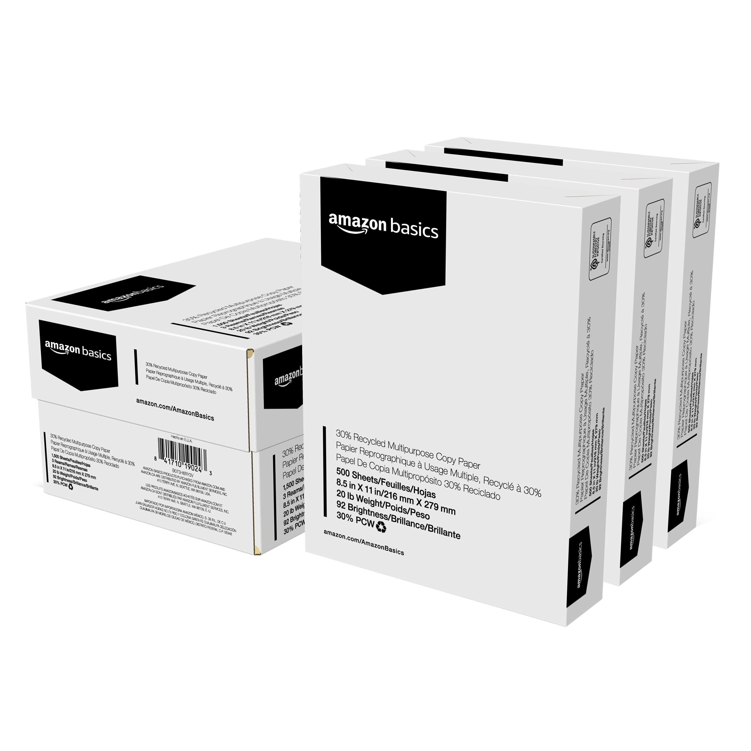 Amazon Basics 30% Recycled Multipurpose Copy Printer Paper, No Jams, 8.5-x-11-inch, 3 Reams (1500 Sheets), White