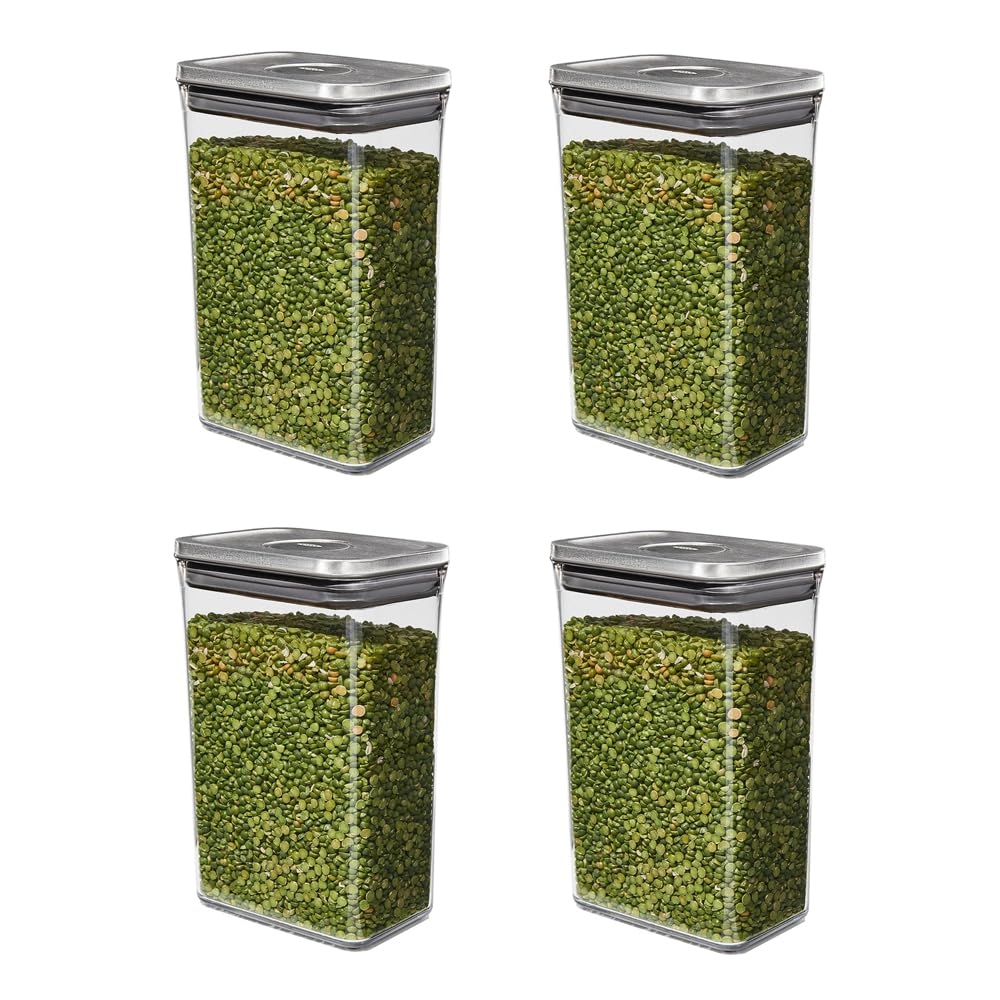 OXO Steel POP Container Medium Rectangle - 2.7 Qt (Pack of 4) Food Storage Containers Airtight for Rice, Pasta & More, Grey