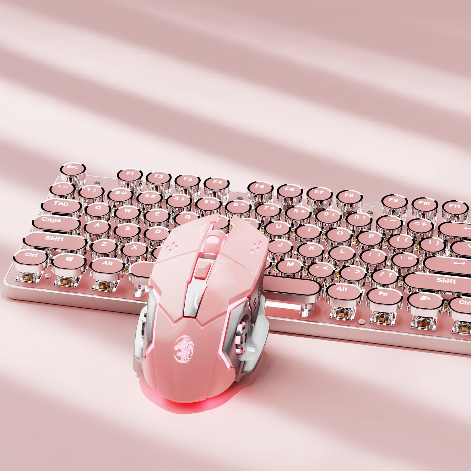 TK950 Wireless Typewriter Keyboard and Mouse Combo, 104 Keys Retro Typewriter Mechanical Keyboard with White Backlit, Anti-Ghosting, Blue Switch, Bluetooth/2.4G/Wired Cute Gaming Keyboards-Pink