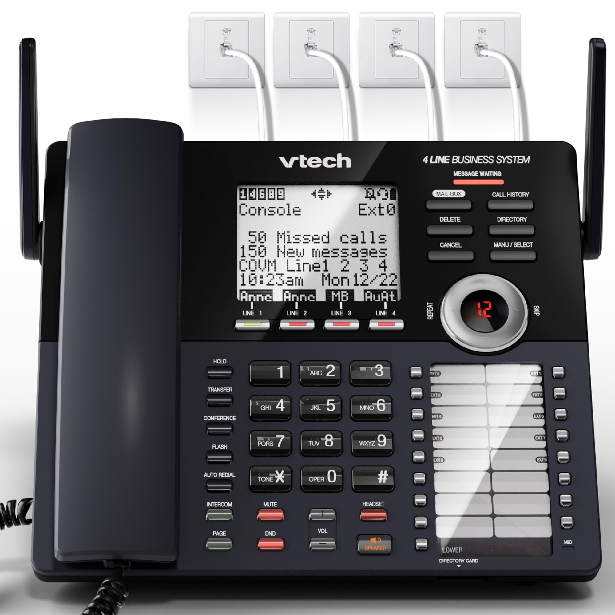 VTech AM18447 Main Console 4-Line Expandable Small Business Office Phone System with Answering Machine, Intercom, Auto Attendant & Music on Hold, Black
