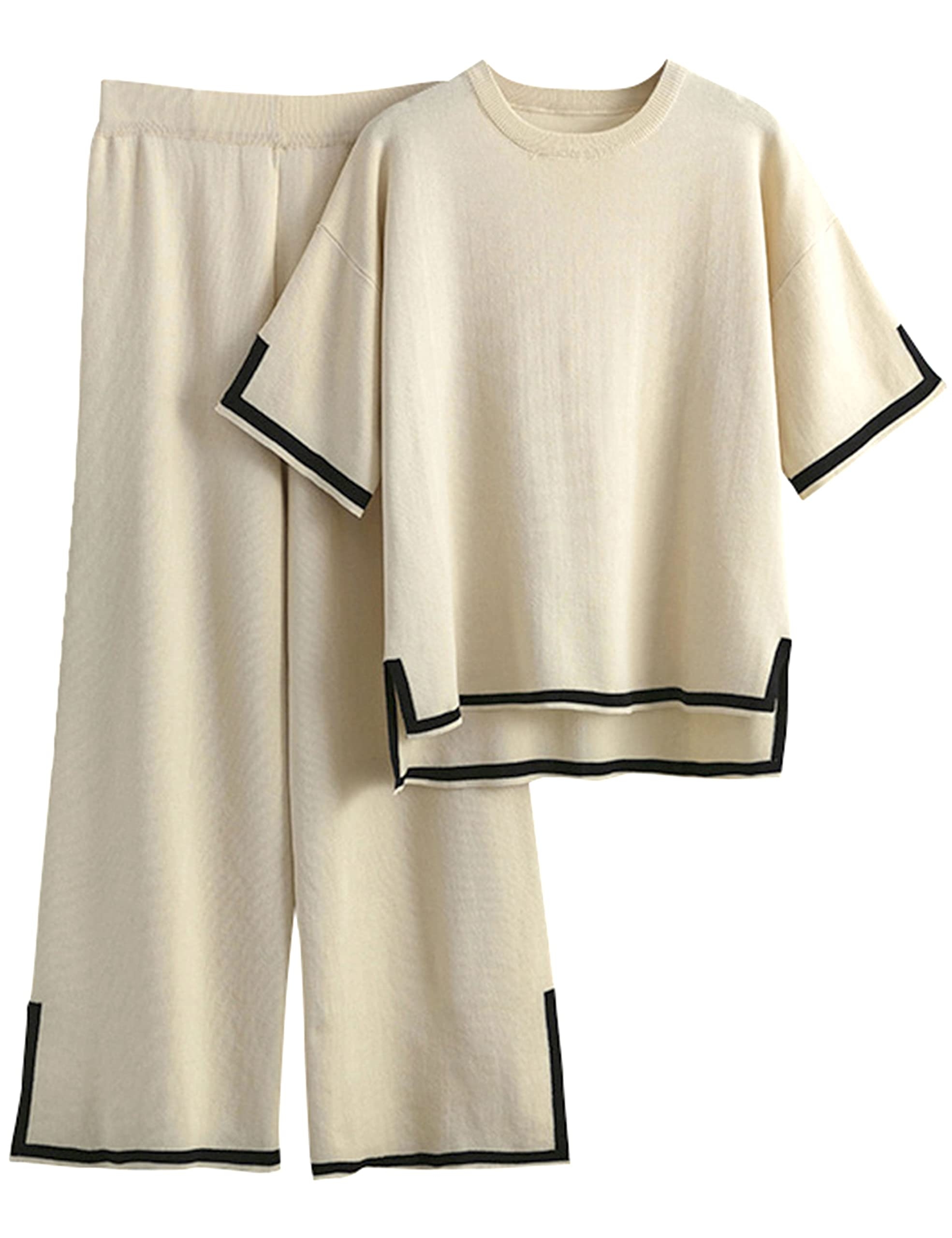 Tanming Sweater Sets Women 2 Piece Lounge Sets Short Sleeve Knit Pullover Tops Wide Leg Pants
