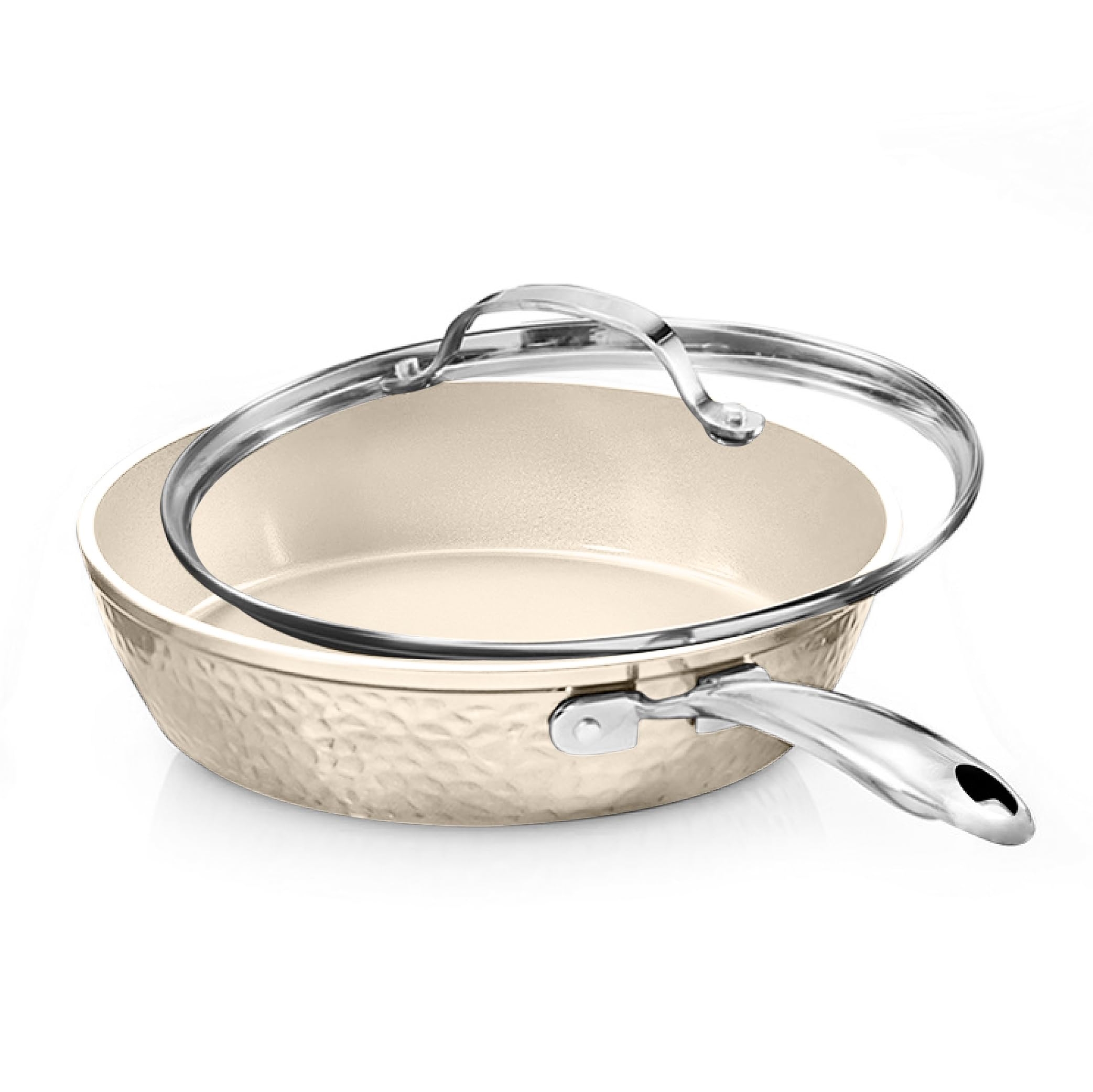 GOTHAM STEEL Hammered 10 Inch Non Stick Frying Pans with Lid, Frying Pans Nonstick with Lid, Non Toxic PFOA PFOS Free, Skillet Pan for Cooking, Induction Oven and Dishwasher Safe – Cream