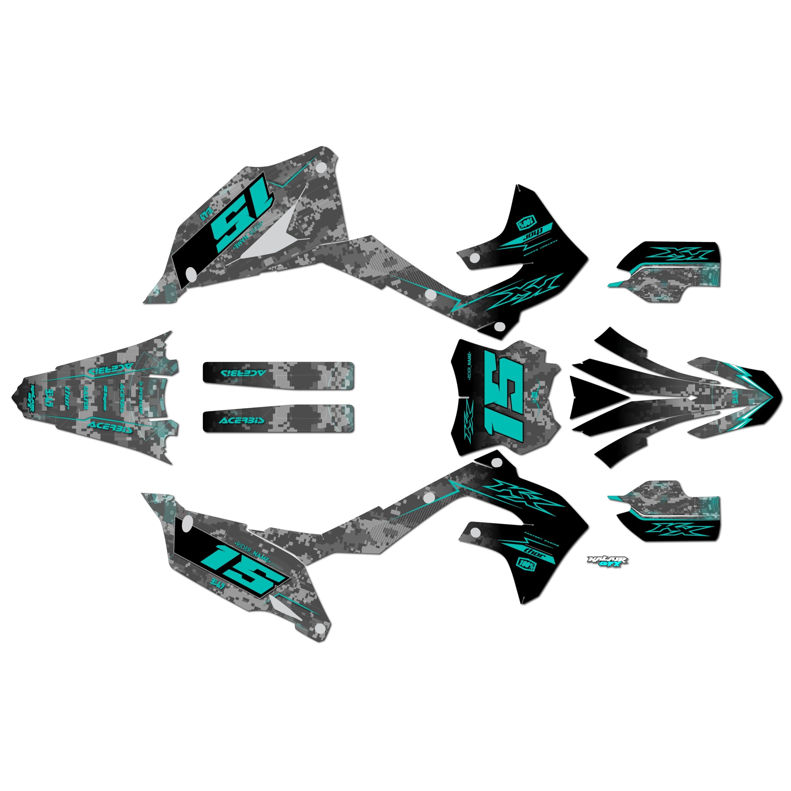 Kalair GFX Graphics Kit for Kawasaki KX250F (2021-2022) CYBERWARE Series Teal 09 Mil - Dirt bike Custom Racing Graphics Decals Stickers Kit, no-plastics