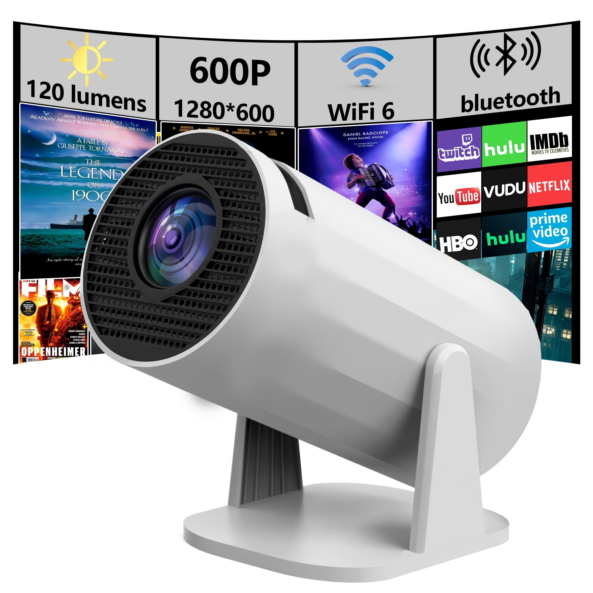 YFDSPSM Projector with wifi and bluetooth, rotate at any angle, outdoor portable, automatic button calibration for mobile phones, tv sticks, laptops, mini projector for iphone, projector with screen