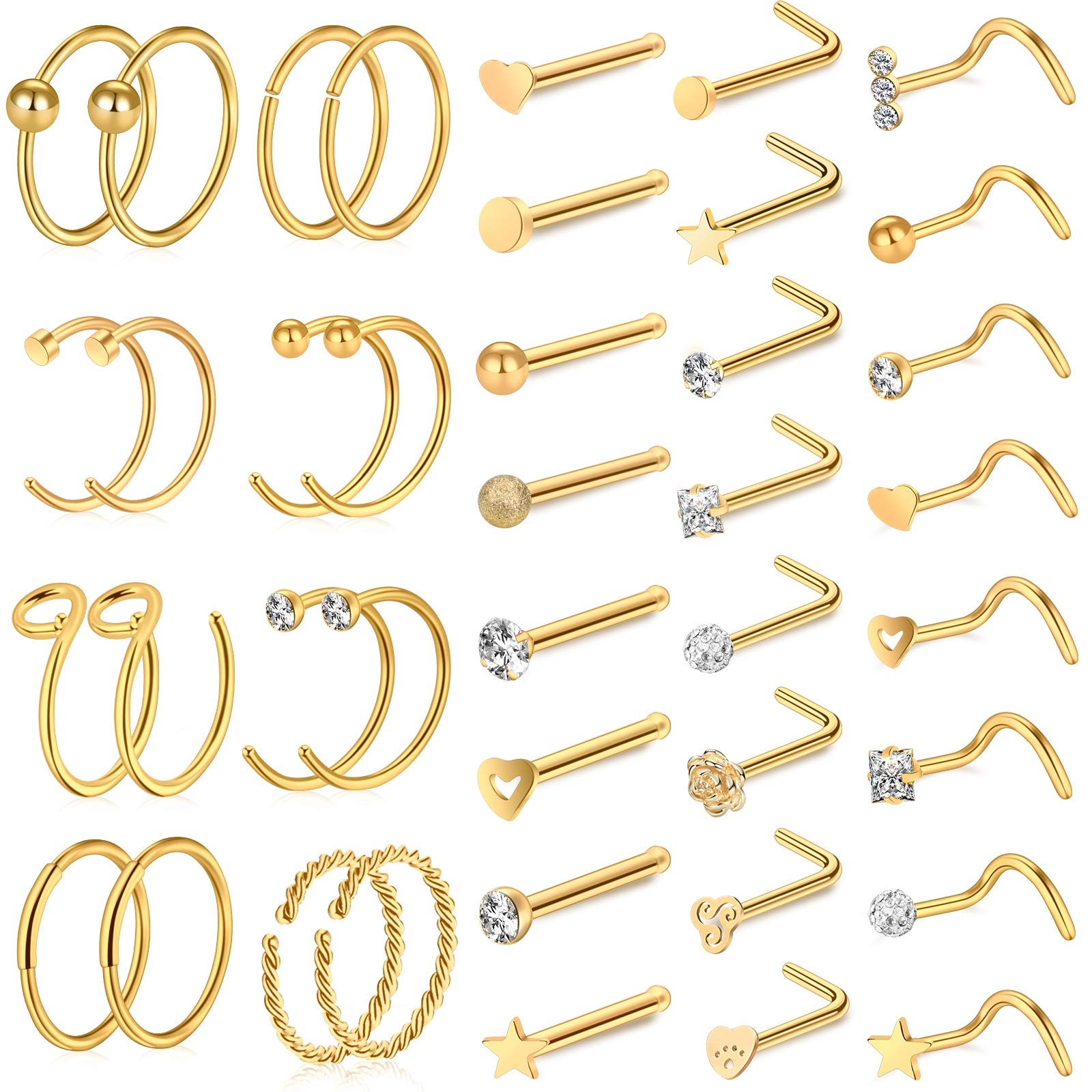ONESING 35-70 PCS 18G 20G Nose Rings for Women & Men - Gold Hoops, L Shape, Studs & Screw - 316L Surgical Stainless Steel