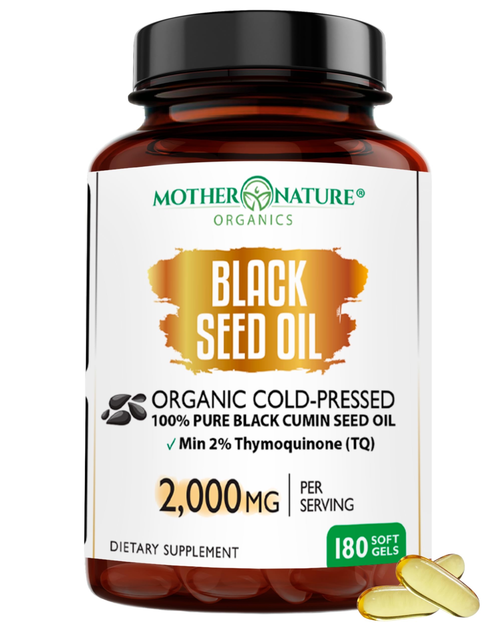 Mother Nature - Organic Black Seed Oil Capsules, Cold Pressed, 2% TQ, 100% Turkish-Black Cumin Nigella, Sativa Oil-3 Month Supply for Immune Support, Joint, Digestive Health,1000mg per Capsule, 180ct