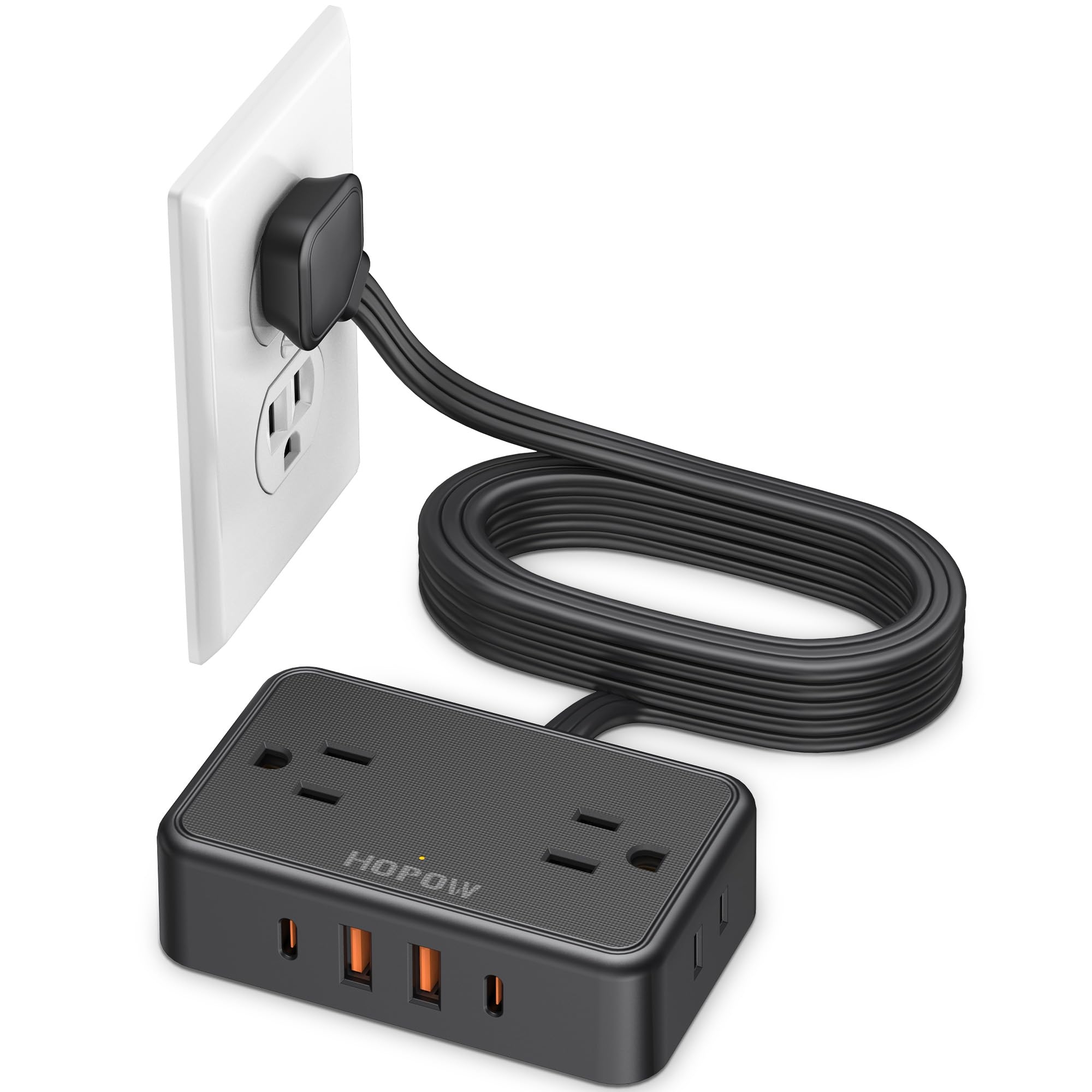 HOPOW Flat Plug Extension Cord, 6 Ft Ultra Thin Power Strip, 4 AC Wide Spaced outlets and 4 USB (2 USB-C) Ports, No Surge Protector for Cruise Ship, Travel, Dorm Room Essentials (Black)