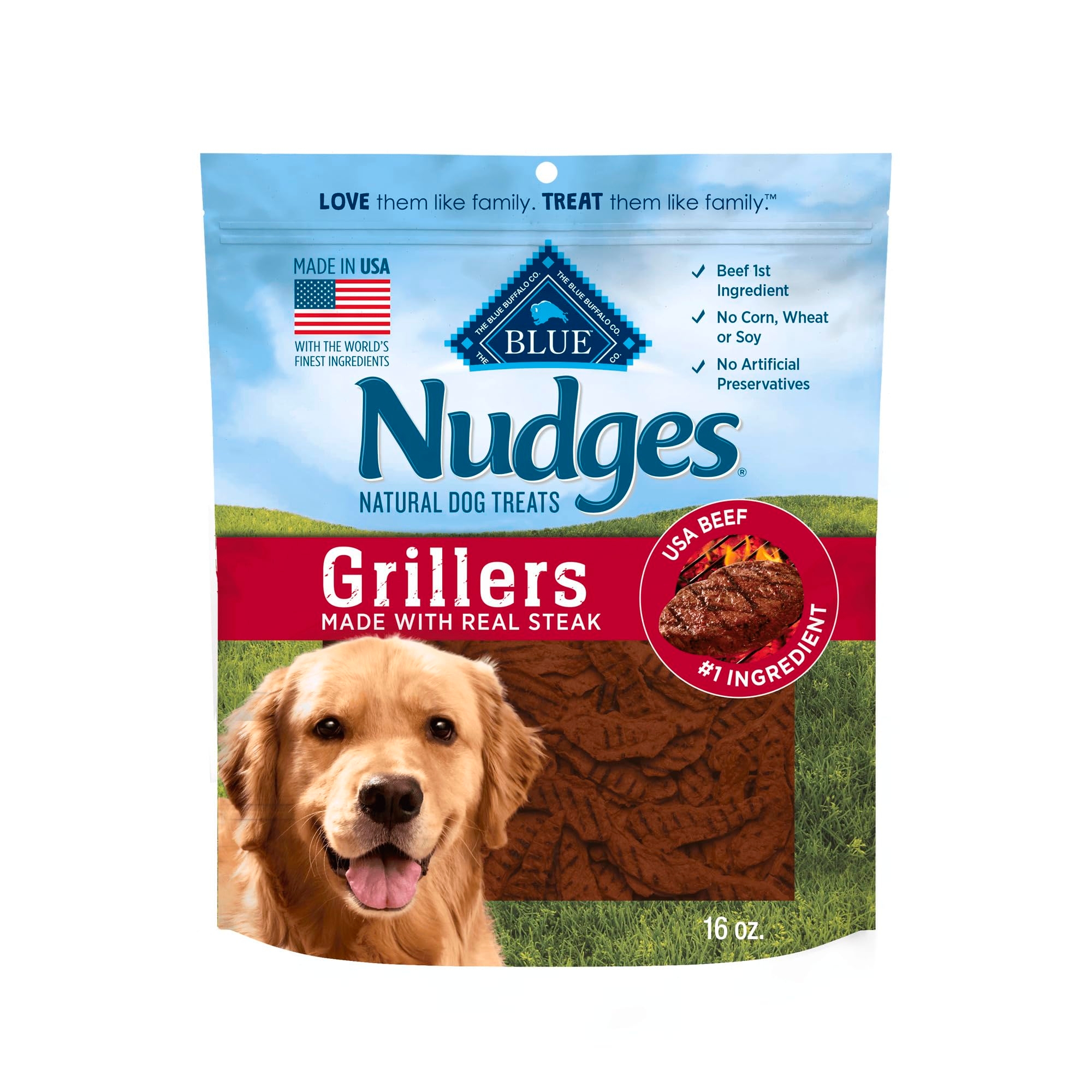 Blue Buffalo Nudges Grillers Natural Dog Treats, Made in the USA with Real Steak, 16-oz Bag