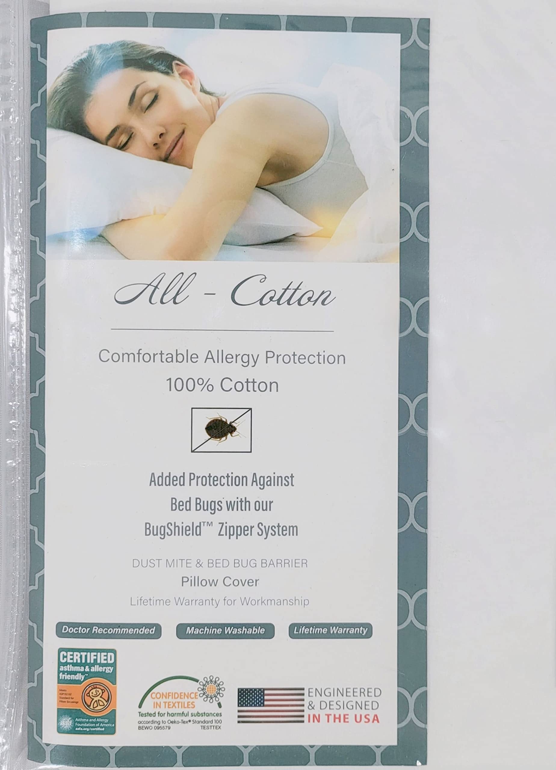 National Allergy Premium 100% Cotton Zippered Body Pillow Protector - 20 x 72 - White - 300 Thread Count - Hypoallergenic Pillowcase with Zipper - Breathable Encasement Cover