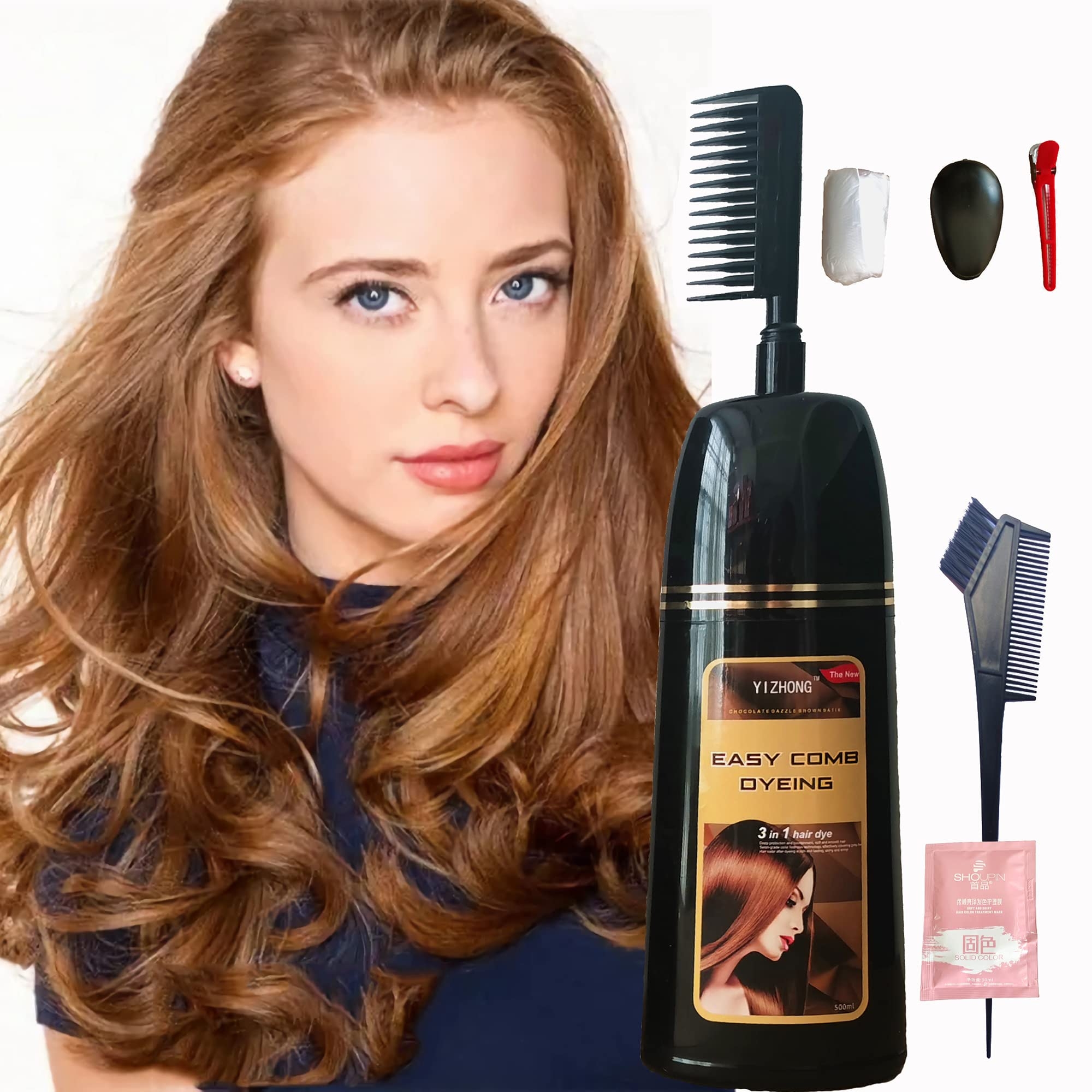 Brown Hair Dye Shampoo YIZHONG Light Golden Brown Hair Color For Gray Hair Coverage Permanent 3 in 1 For Women Men Easy Comb Dyeing Champu Para Canas（ Golden Brown）