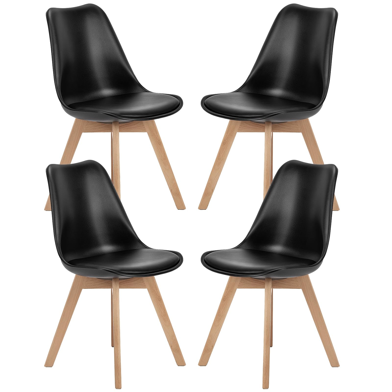 Sweetcrispy Dining Chairs Set of 4, Kitchen Room PU Leather Mid Century Modern Chairs, Upholstered Dining Chair with Wood Legs for Home Kitchen, Black