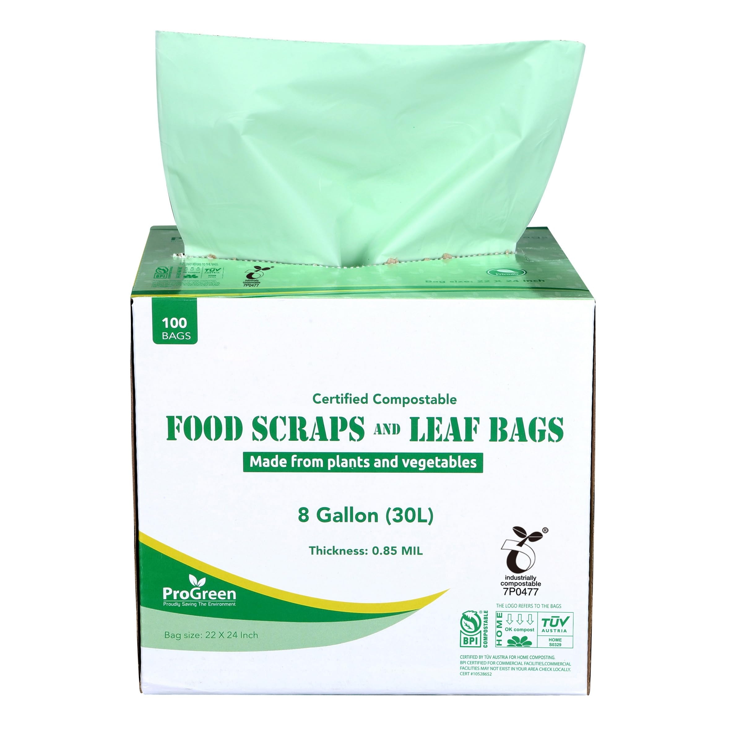 ProGreen Compostable Trash Bags, Extra Thick, Compost Kitchen Bin Bags, Food Scraps Yard Waste Bags, ASTM D6400 BPI and TÜV AUSTRIA Certified (8 Gallon, Pack of 100)