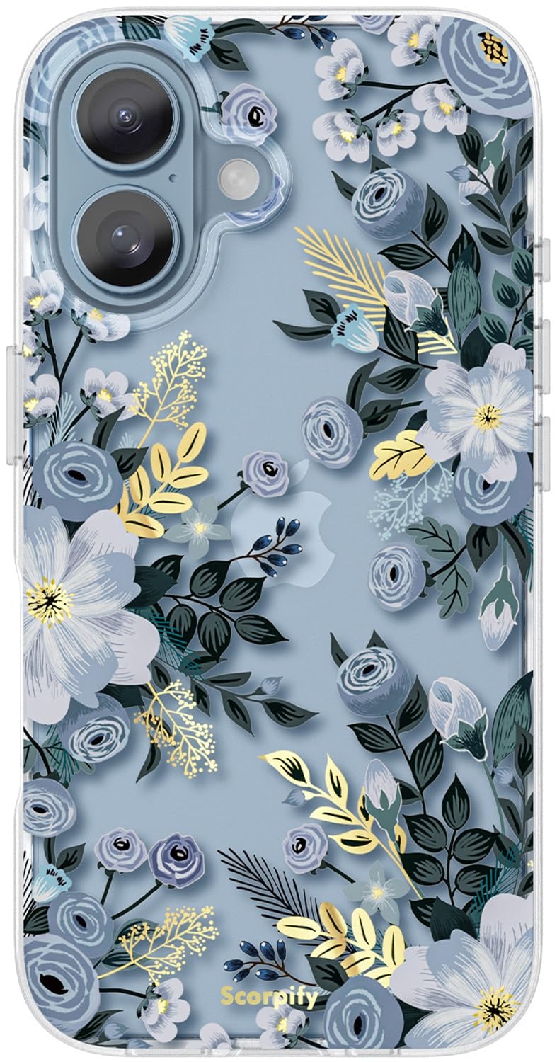 SCORPIFY for iPhone 16 Case with Blue Nemophila Floral Design, Cute Clear Flower Phone Cover for Women Girls, [Non Yellowing] Slim Shockproof Bumper with Gold Accents