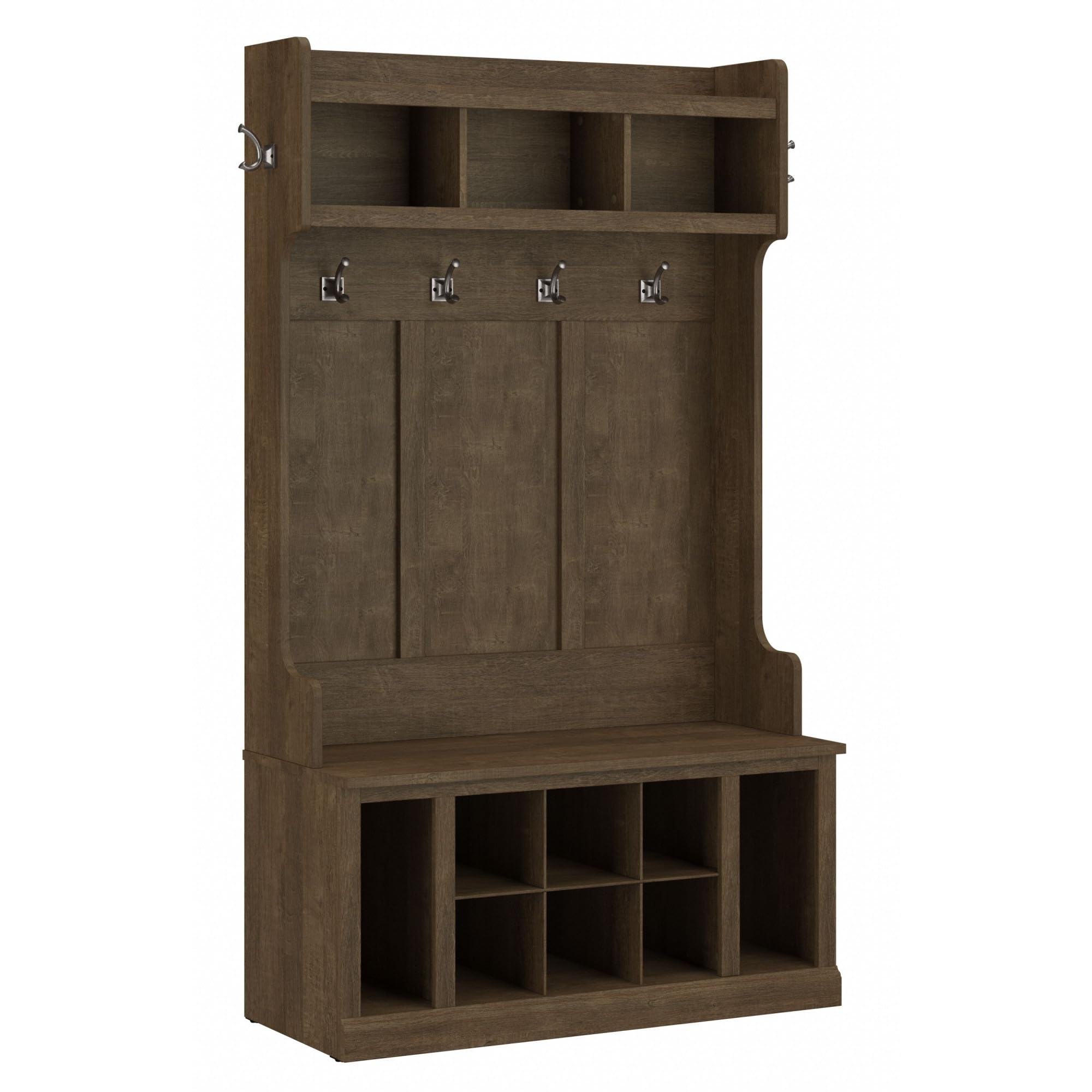 Bush Furniture Woodland 40W Hall Tree and Shoe Storage Bench with Shelves in Ash Brown, Cubbies and Coat Hooks for Foyer, Mudroom, or Entryway