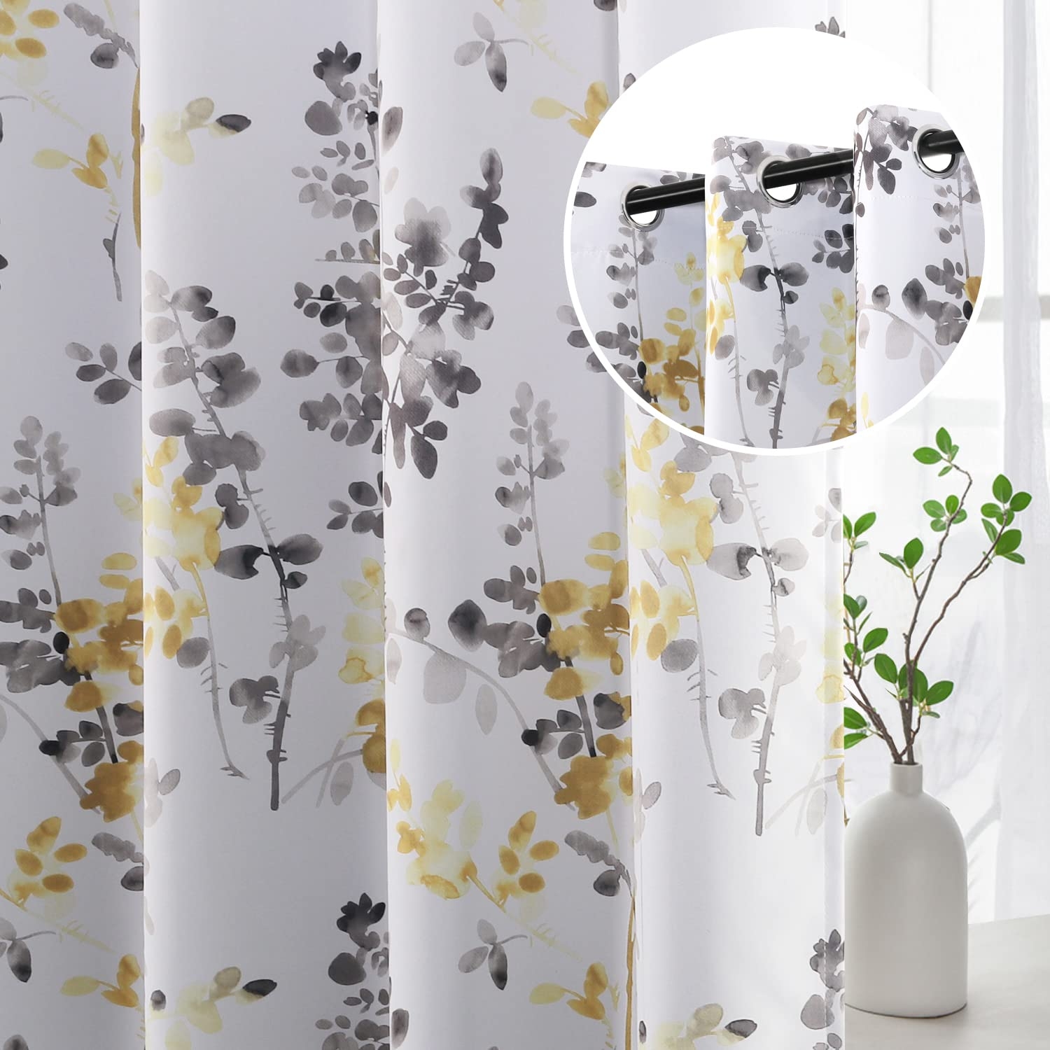 H.VERSAILTEX Curtains for Bedroom Room Darkening Curtains 84 Inch Length 2 Panels Set Thermal Insulated Drapes for Living Room Vintage Classical Floral Pattern Window Treatments, Grey and Yellow