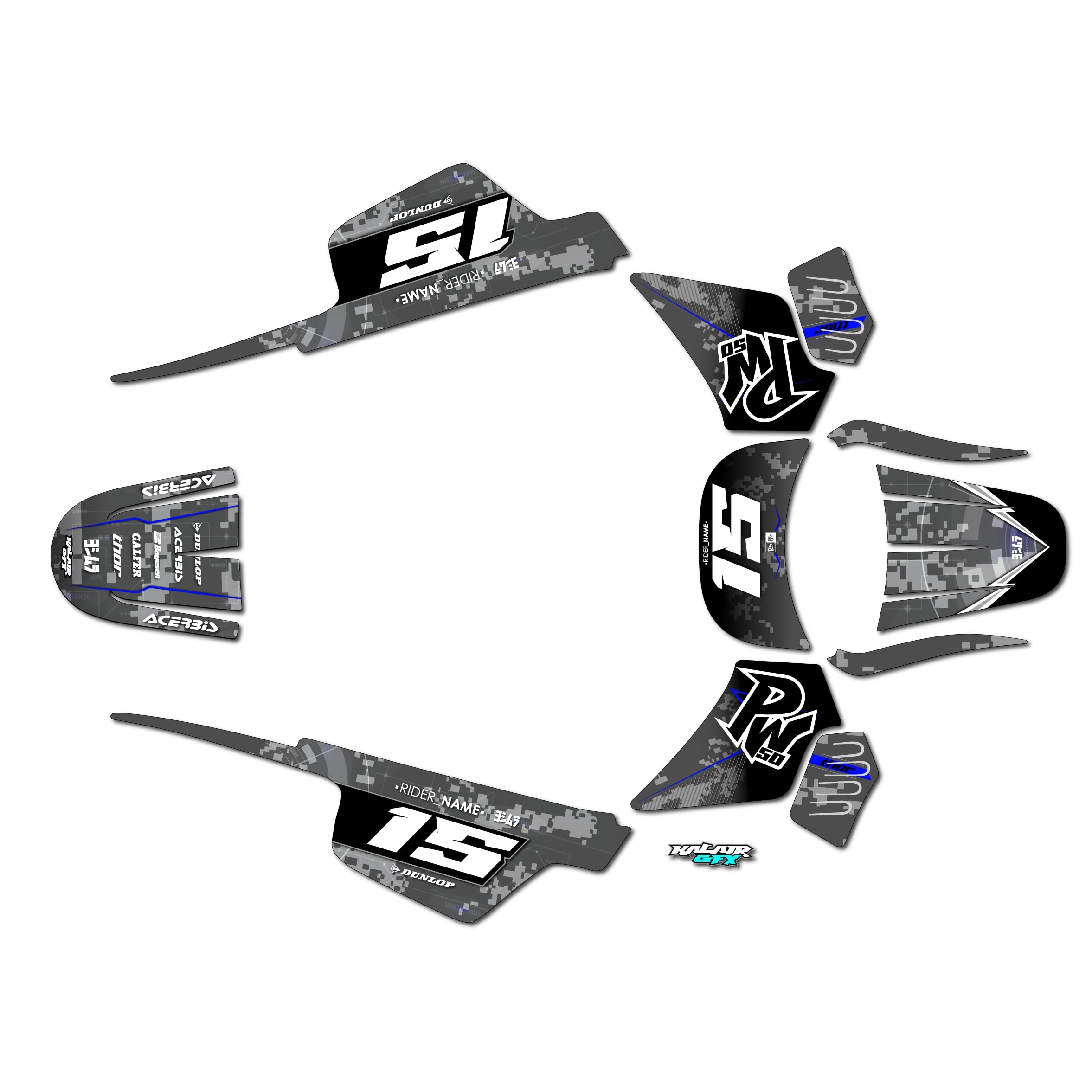 Kalair GFX Graphics Kit for Yamaha PW 50 (1980-2023) Cyberware Series Blue 09 Mil - Dirt bike Custom Racing Graphics Decals Stickers Kit, no-plastics