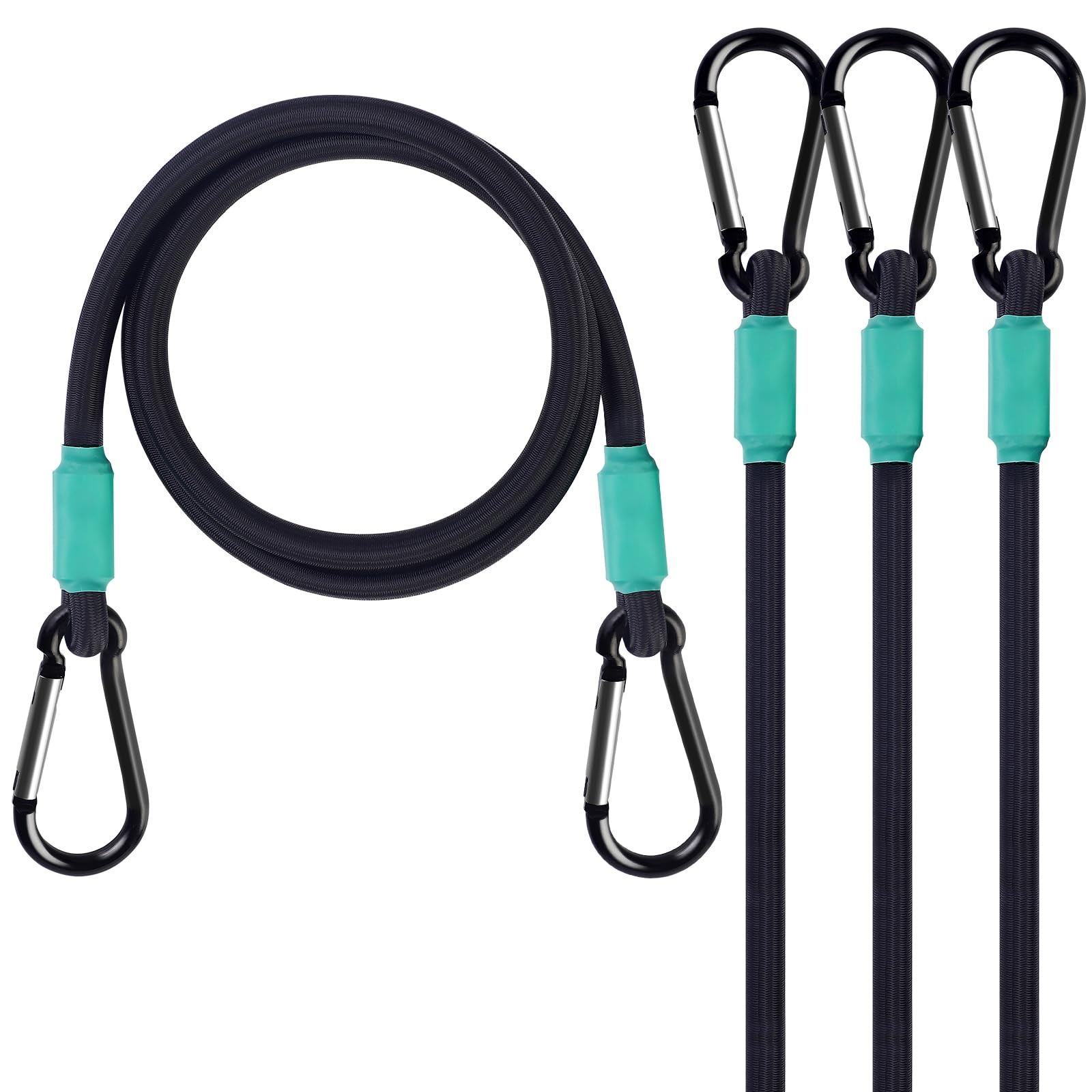 Joneaz Black Bungee Cords with Hooks 36 inch Heavy Duty, 4-Piece Carabiners Style, 5/16 inch Diameter Cord with Nylon Fiber, UV Resistant