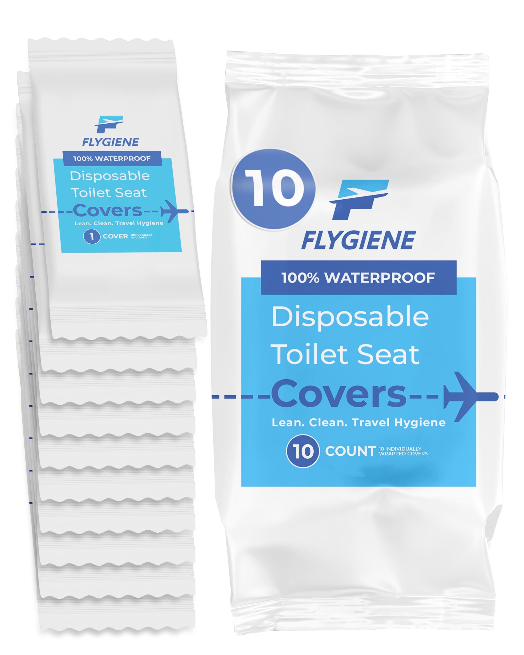 Flygiene Disposable Toilet Seat Covers for Travel – Waterproof, Tear-Resistant XL Toilet Liners with 2 Layers of Protection – Individually Wrapped Travel Size Toiletries - 10 Count (1 Pack of 10)