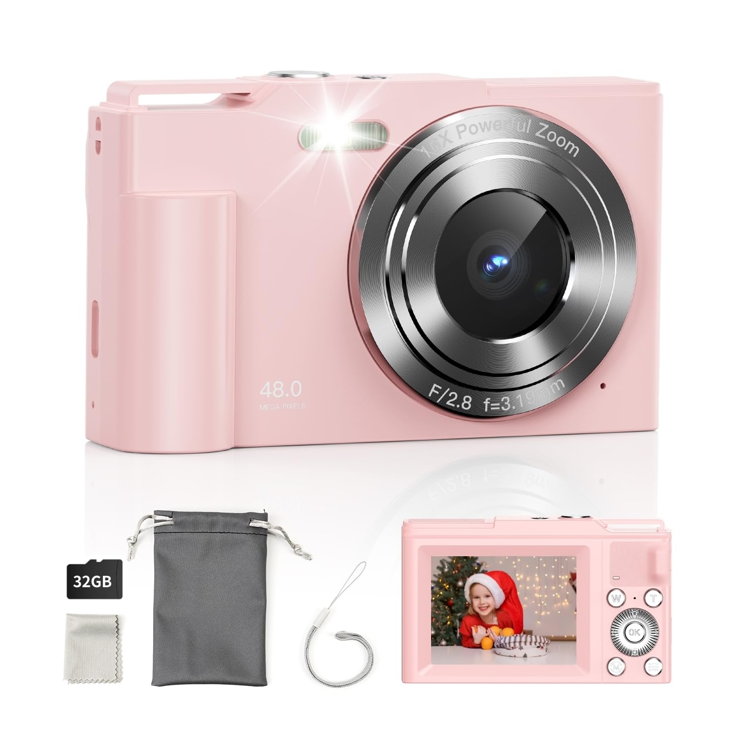 Digital Camera, FHD 1080P Kids Point and Shoot Camera with 16X Digital Zoom, Anti-Shake, Flash, 32GB Card, Portable Compact Travel Camera for Boys, Girls (Pink)