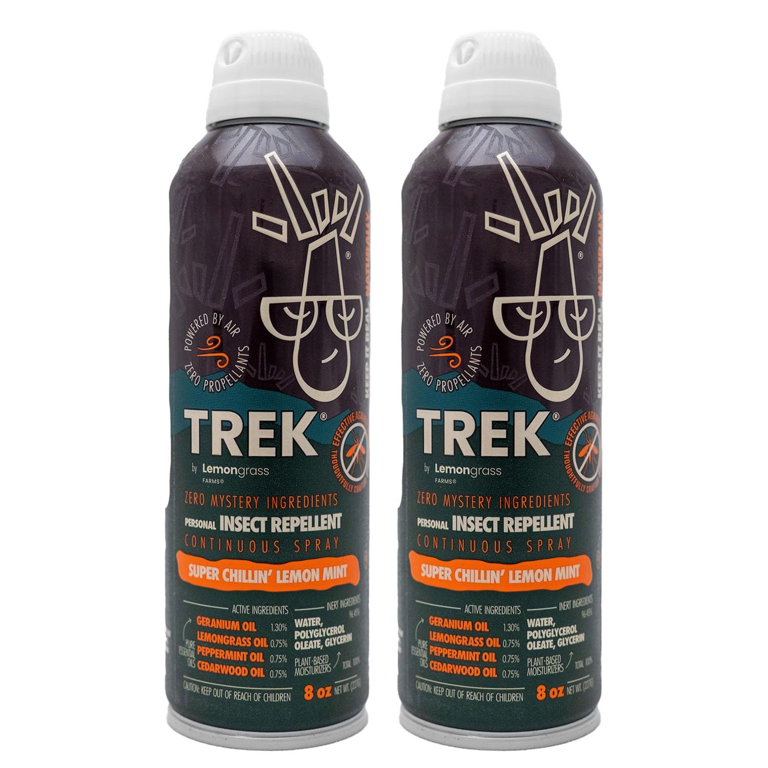 Lemongrass Farms Trek Spray | Take Control of Mosquitoes & Other Biting Insects | All Natural with Peppermint, Cedarwood, Geraniol, and Lemongrass Oil | DEET-Free | Twin Pack, 8oz Per Can, 16oz Total