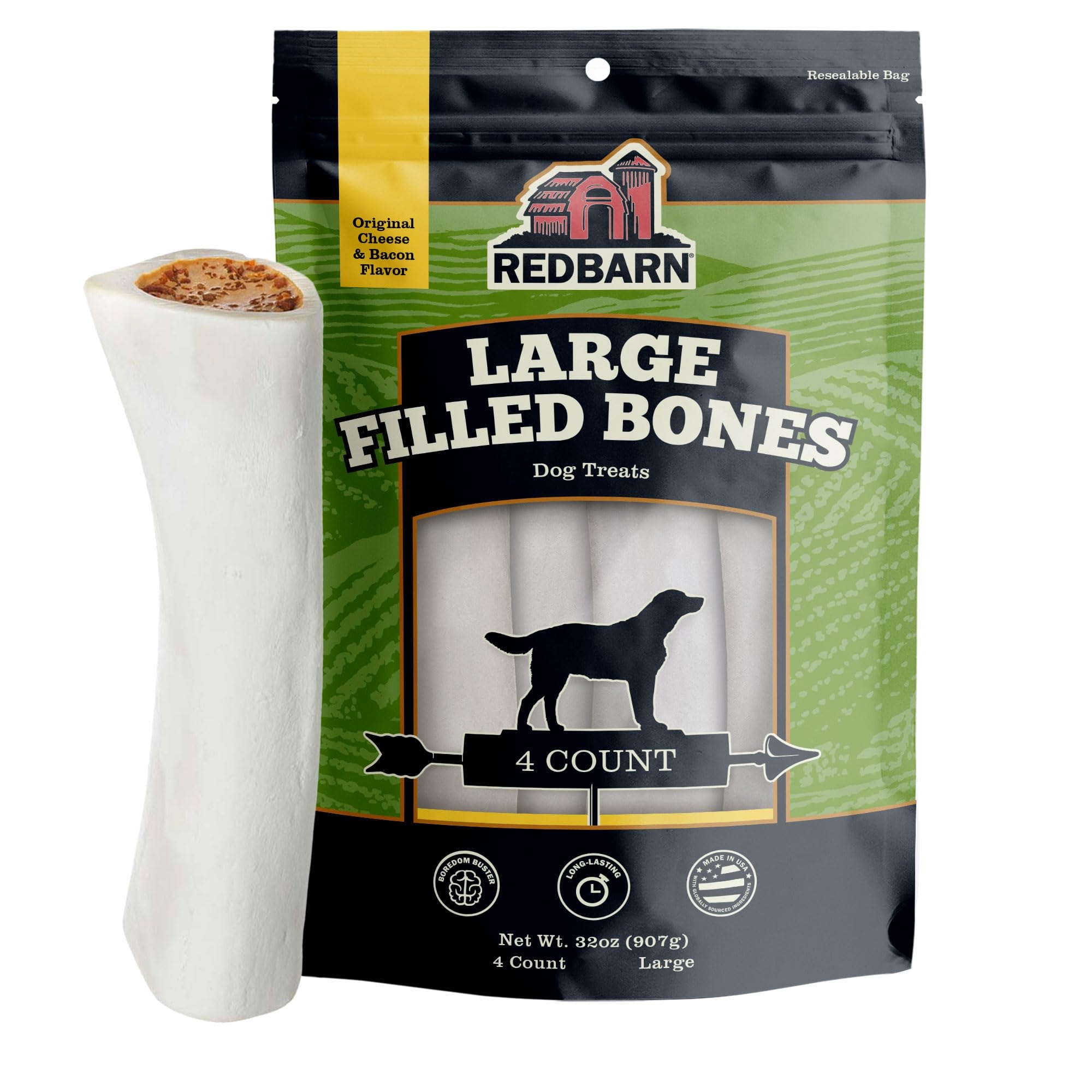 Redbarn Pet Products Large Filled Dog Bones, Cheese & Bacon Flavor - Long Lasting Stuffed Femur Chew Treat Made in USA - 4 Count - Packaging May Vary