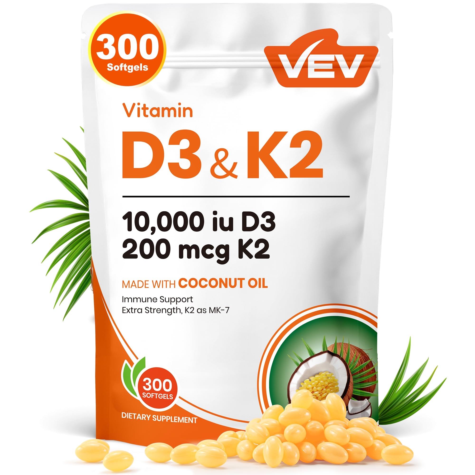 VEV Vitamin D3 Con K2 10000 IU, 300 Virgin Coconut Oil Softgels, 2 in 1 Vitamins Supplement D & K (Include MK7), Easy to Swallow, Supports Calcium Absorption, Bone Health(Packaging May Vary)