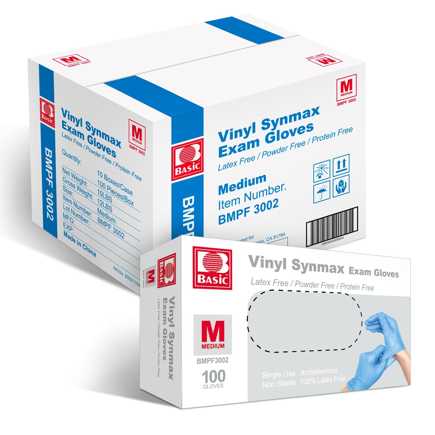 Basic Medical Synmax Vinyl Exam Gloves - Latex-Free & Powder-Free Disposable Glove - Medium, BMPF-3002(1000 Pcs)