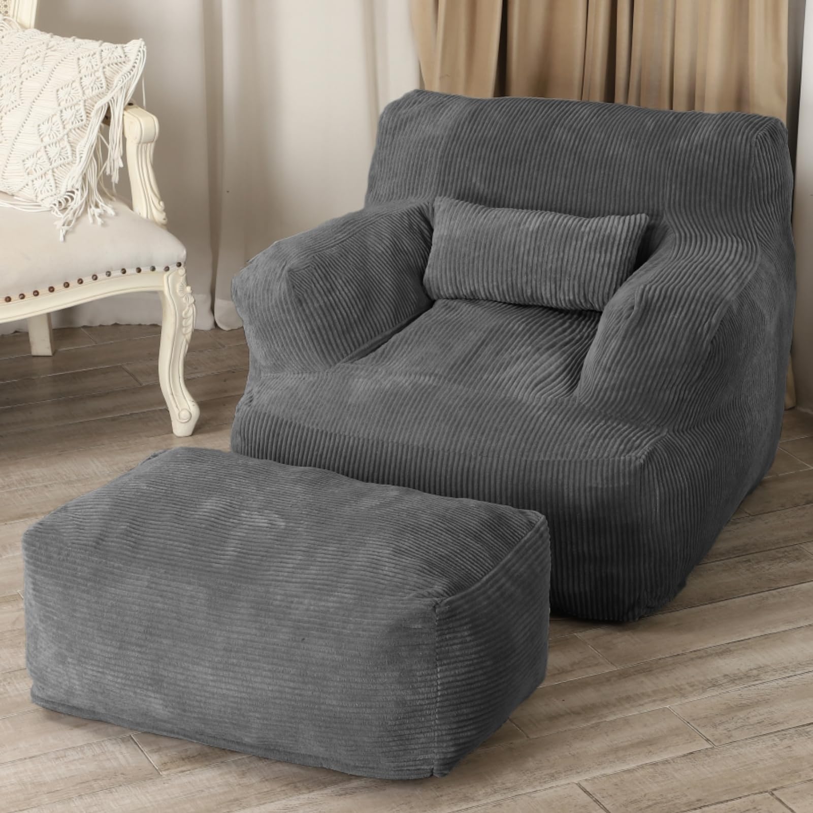 Giant Bean Bag Chair for Adults, Bean Bag Sofa Chair with Ottoman, Comfy Reading Chair for Dorm Room, Dark Grey